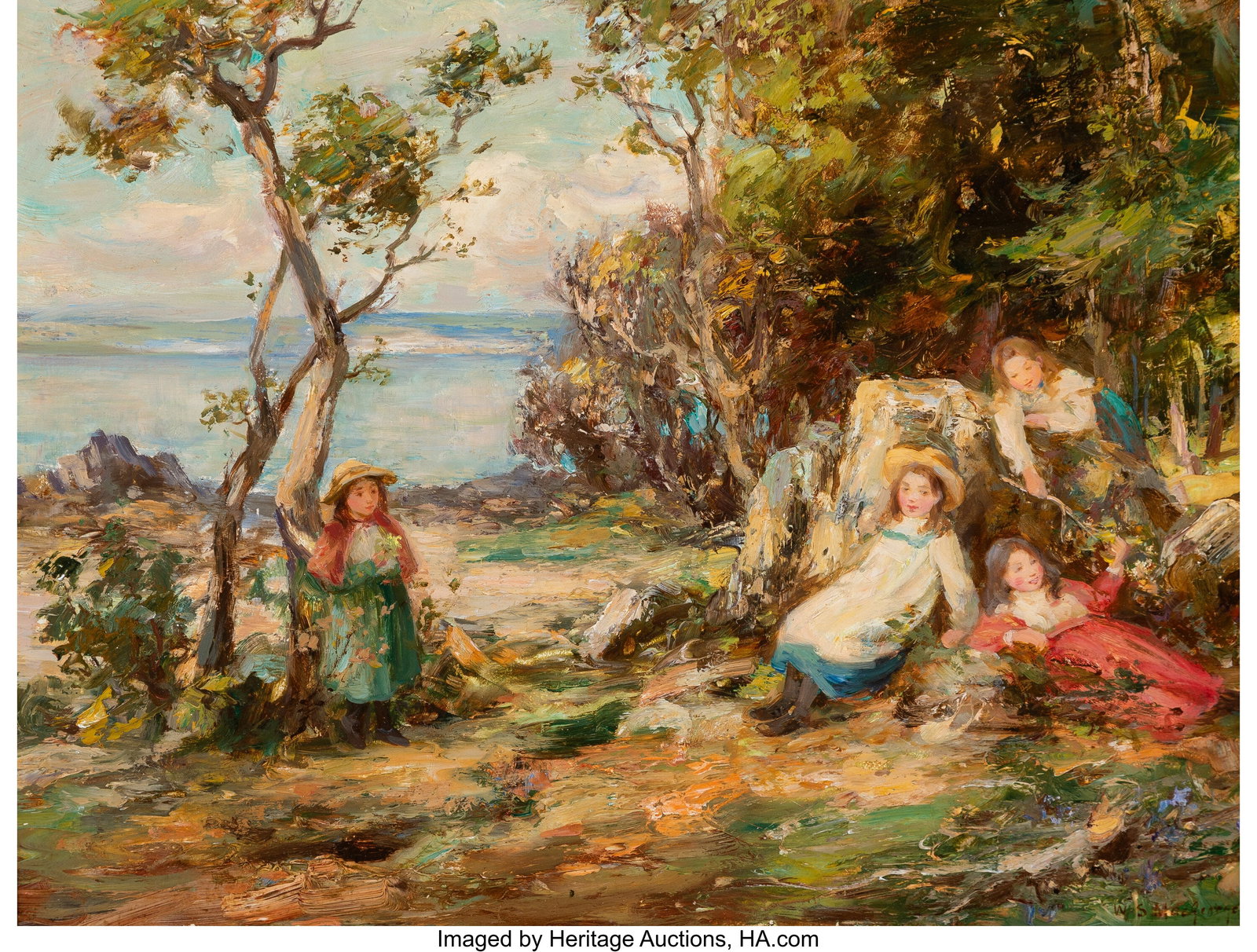 William Stewart MacGeorge, RSA (British, 1861-19: William Stewart MacGeorge, RSA (British, 1861-1931) Summer on the shore Oil on panel 12 x 16 inches (30.5 x 40.6 cm) Signed lower right: W. S