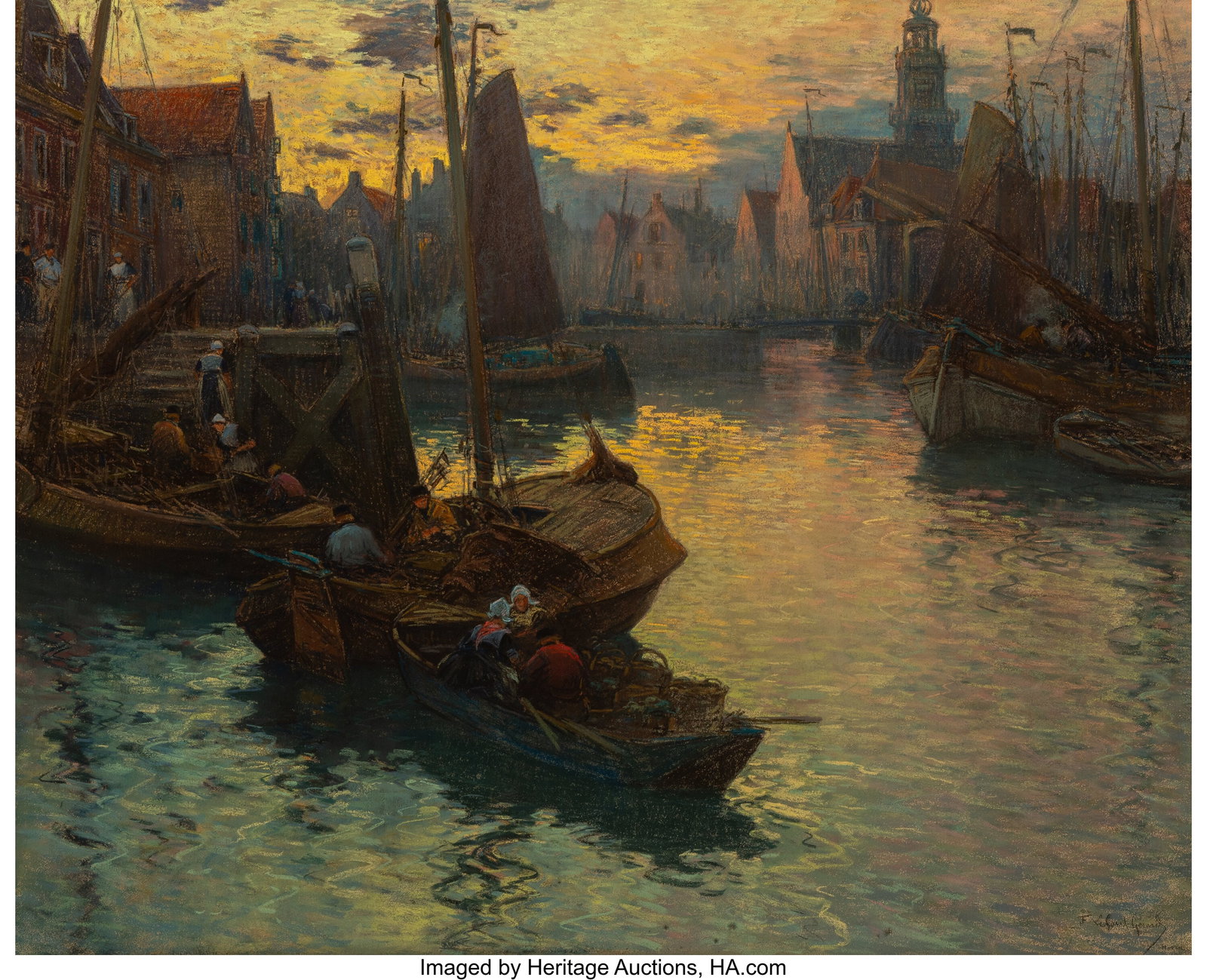 Fernand-Marie-Eugéne LeGout-Gérard (French, 18: Fernand-Marie-Eugéne LeGout-Gérard (French, 1856-1924) Return of the fisherman at sunset, Hoorn Pastel on paper laid on canvas 32 x 39-1/2 inches (81&perio