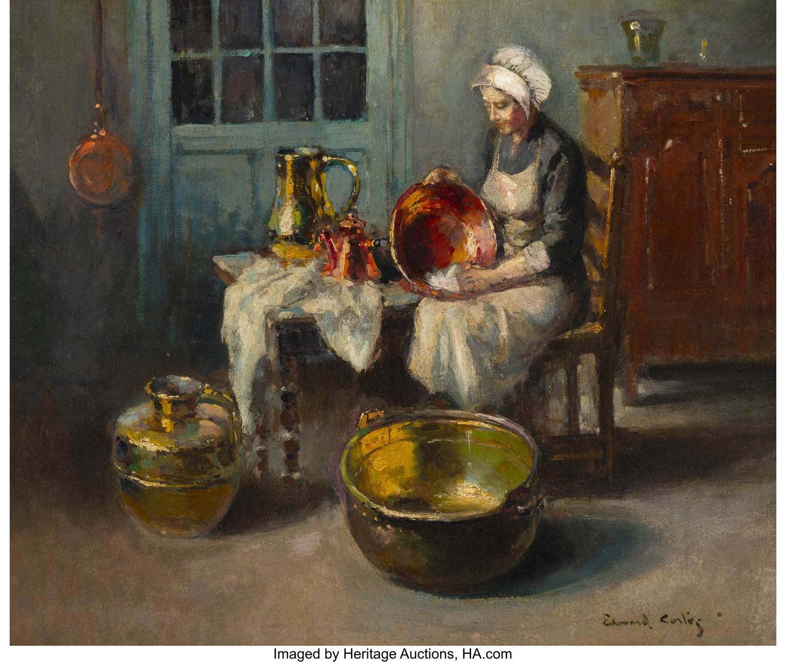 Edouard-Léon Cortès (French, 1882-1969) La ré: Edouard-Léon Cortès (French, 1882-1969) La récureuse de cuivres Oil on canvas 21-1/2 x 25-5/8 inches (54.6 x 65.2 cm) Signed lower 