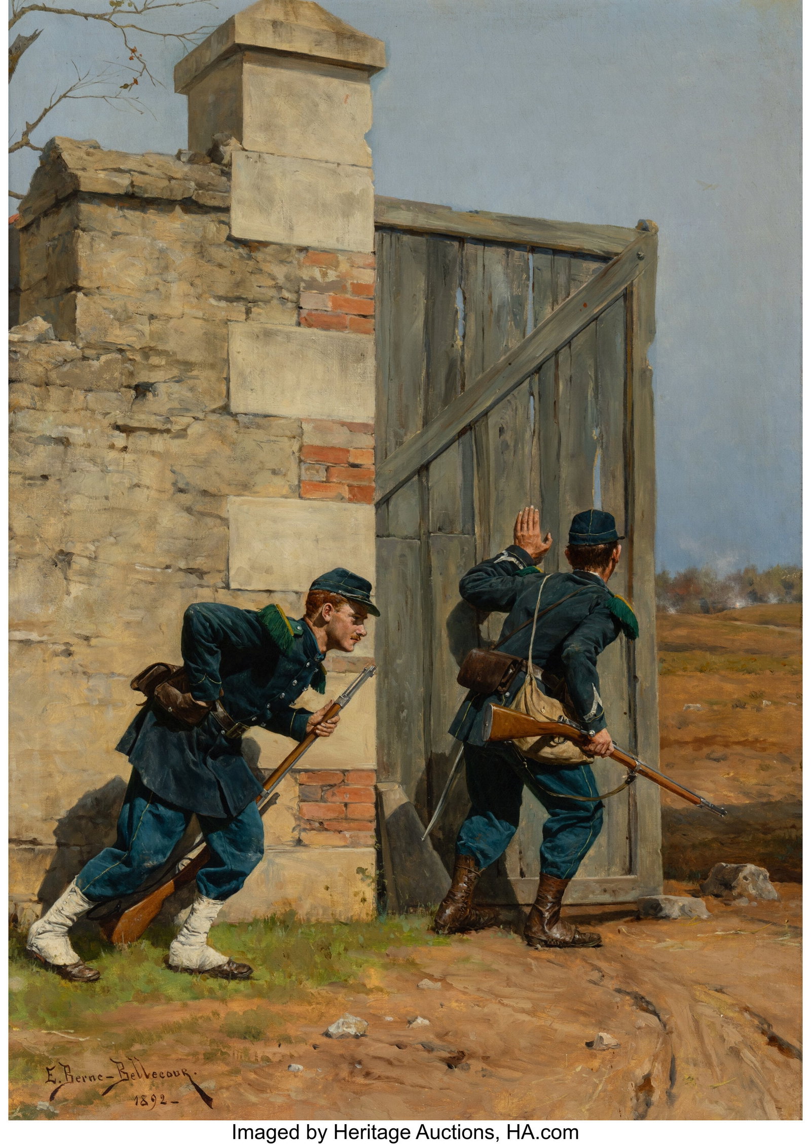 Étienne Prosper Berne-Bellecour (French, 1838-1: Étienne Prosper Berne-Bellecour (French, 1838-1910) On the lookout, 1892 Oil on canvas 27-1/2 x 19-1/2 inches (69.8 x 49.5 cm) Signed lower