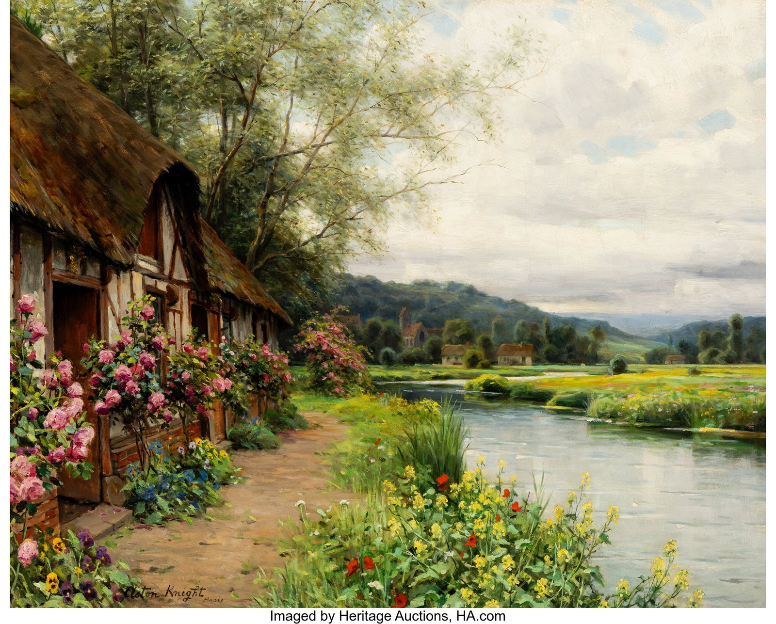 Louis Aston Knight (American, 1873-1948) Cottage: Louis Aston Knight (American, 1873-1948) Cottage at Beaumont-le-Roger Oil on canvas 25-3/4 x 32 inches (65.4 x 81.3 cm) Signed and inscribed lower left&colo