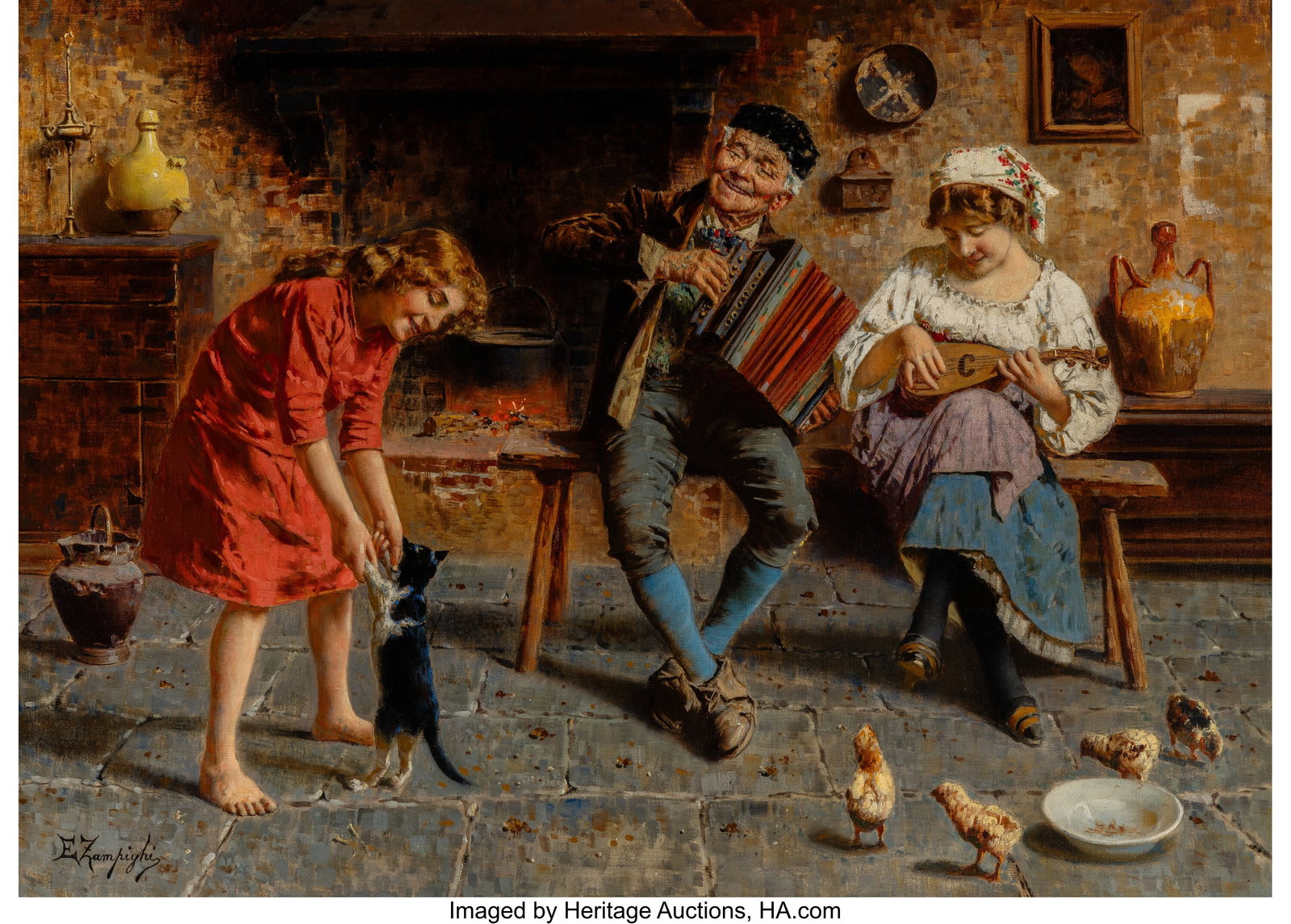 Eugenio Zampighi (Italian, 1859-1944) An old mel: Eugenio Zampighi (Italian, 1859-1944) An old melody Oil on canvas 22 x 30-1/2 inches (55.9 x 77.5 cm) Signed lower left: E Zampighi Property from a Pr