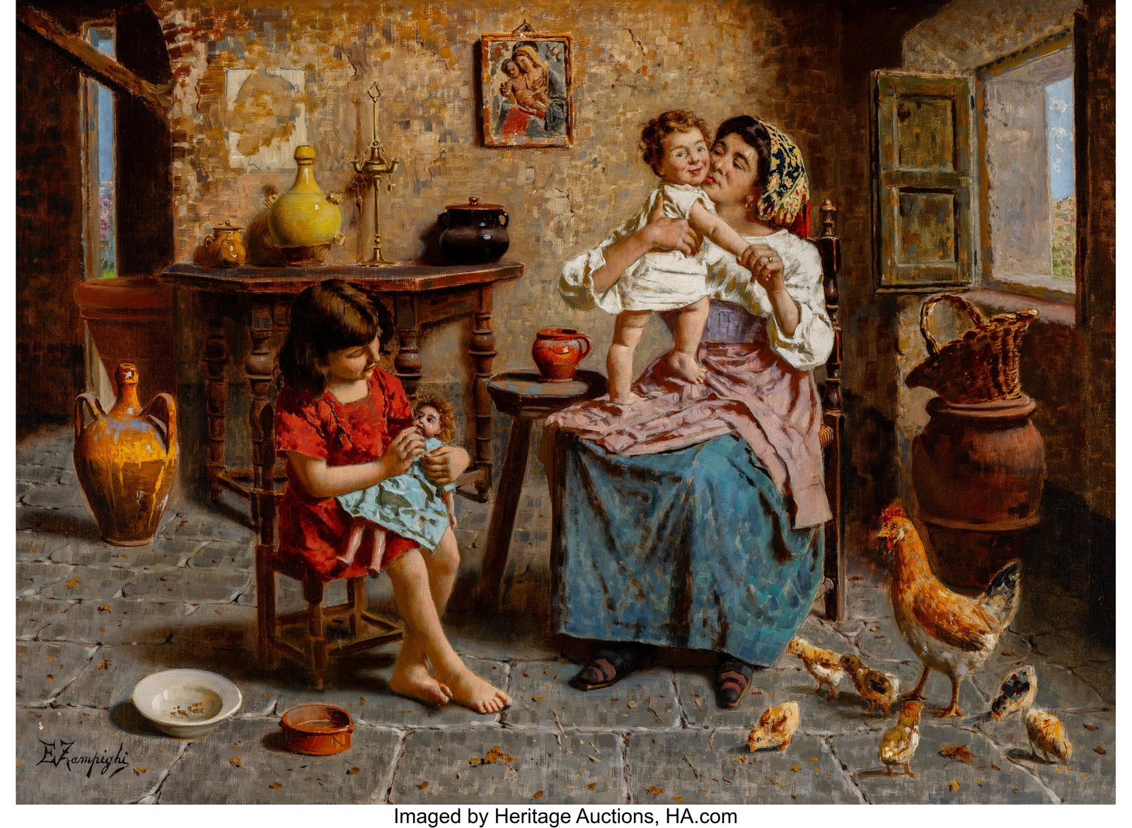 Eugenio Zampighi (Italian, 1859-1944) Maternal a: Eugenio Zampighi (Italian, 1859-1944) Maternal affection Oil on canvas 22 x 30 inches (55.9 x 76.2 cm) Signed lower left: E Zampighi Property from a Priva