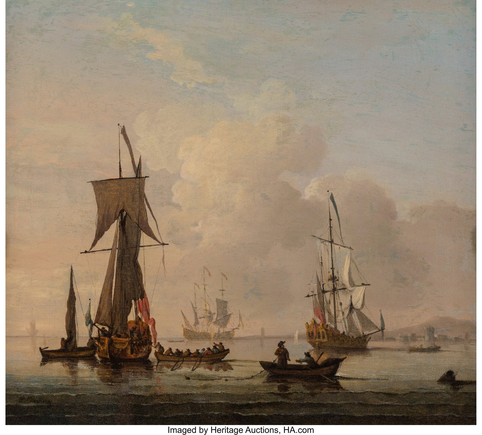 Peter Monamy (British, 1681-1749) A smack-rigged: Peter Monamy (British, 1681-1749) A smack-rigged royal yacht in a calm sea Oil on canvas 10-1/4 x 11-1/2 inches (26.0 x 29.2 cm) Signed lower left&colon