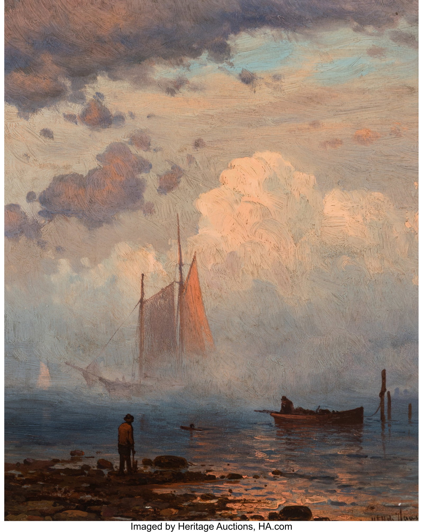 Mauritz Frederick Hendrick De Haas (American, 18: Mauritz Frederick Hendrick De Haas (American, 1832-1895) Fishing scene Oil on panel 11-3/4 x 9-7/8 inches (29.8 x 25.1 cm) Signed lower right: MFH