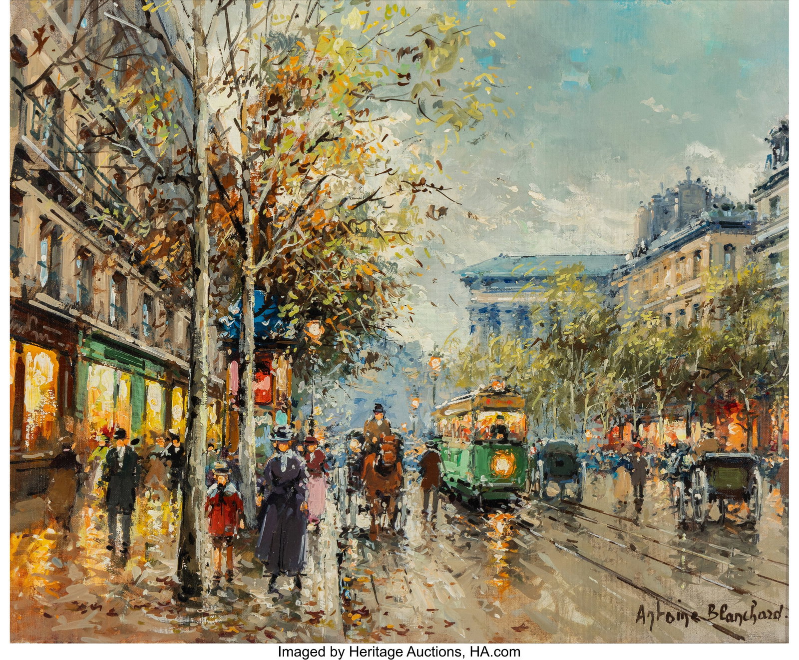 Antoine Blanchard (French, 1910-1988) Boulevard : Antoine Blanchard (French, 1910-1988) Boulevard de la Madeleine, Paris, circa 1970 Oil on canvas 18 x 21-1/2 inches (45.7 x 54.6 cm) Signed lowe