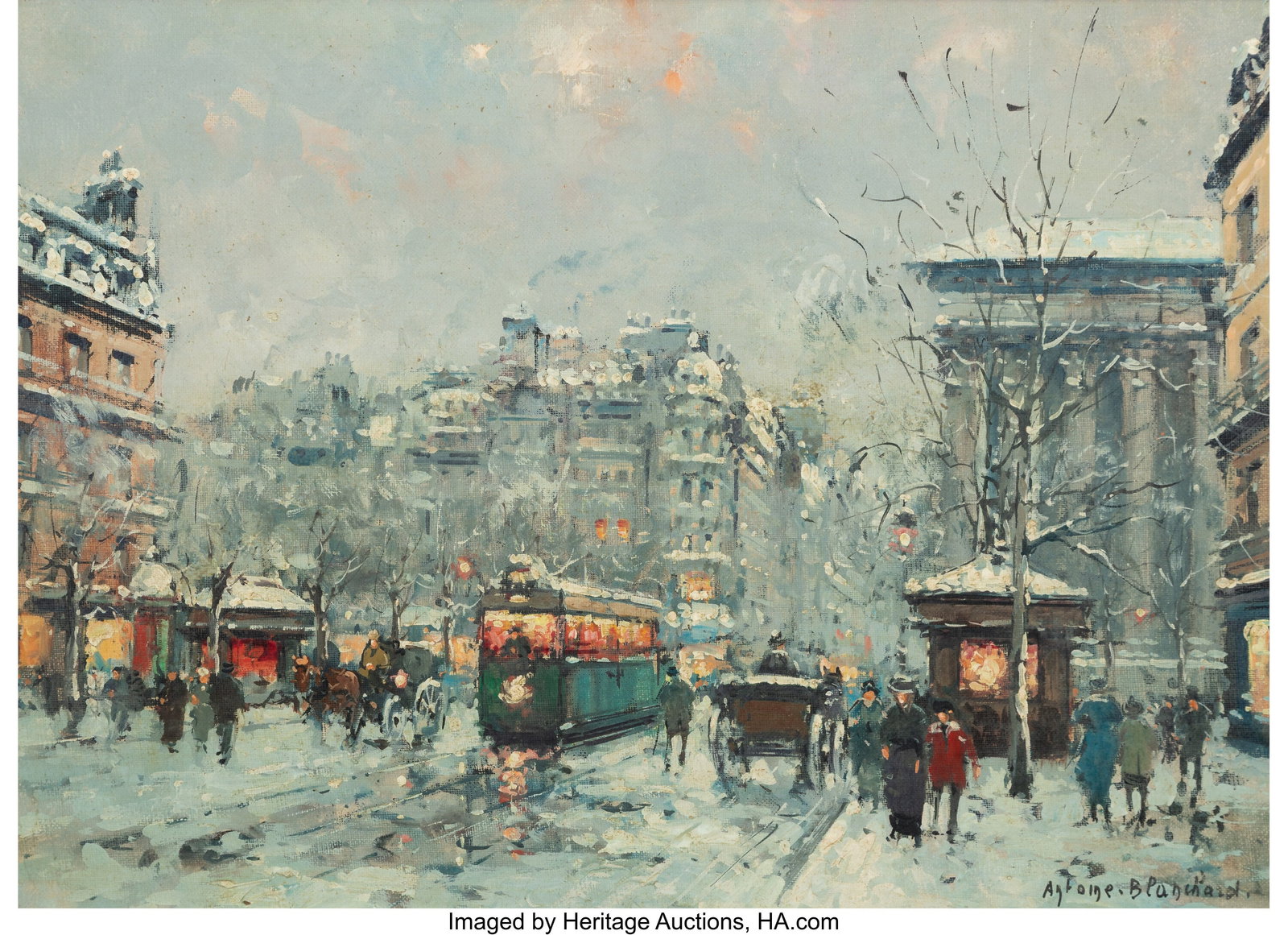 Antoine Blanchard (French, 1910-1988) Boulevard : Antoine Blanchard (French, 1910-1988) Boulevard de la Madeleine in winter, circa 1962 Oil on canvas 13 x 18 inches (33.0 x 45.7 cm) Signed lower right&col