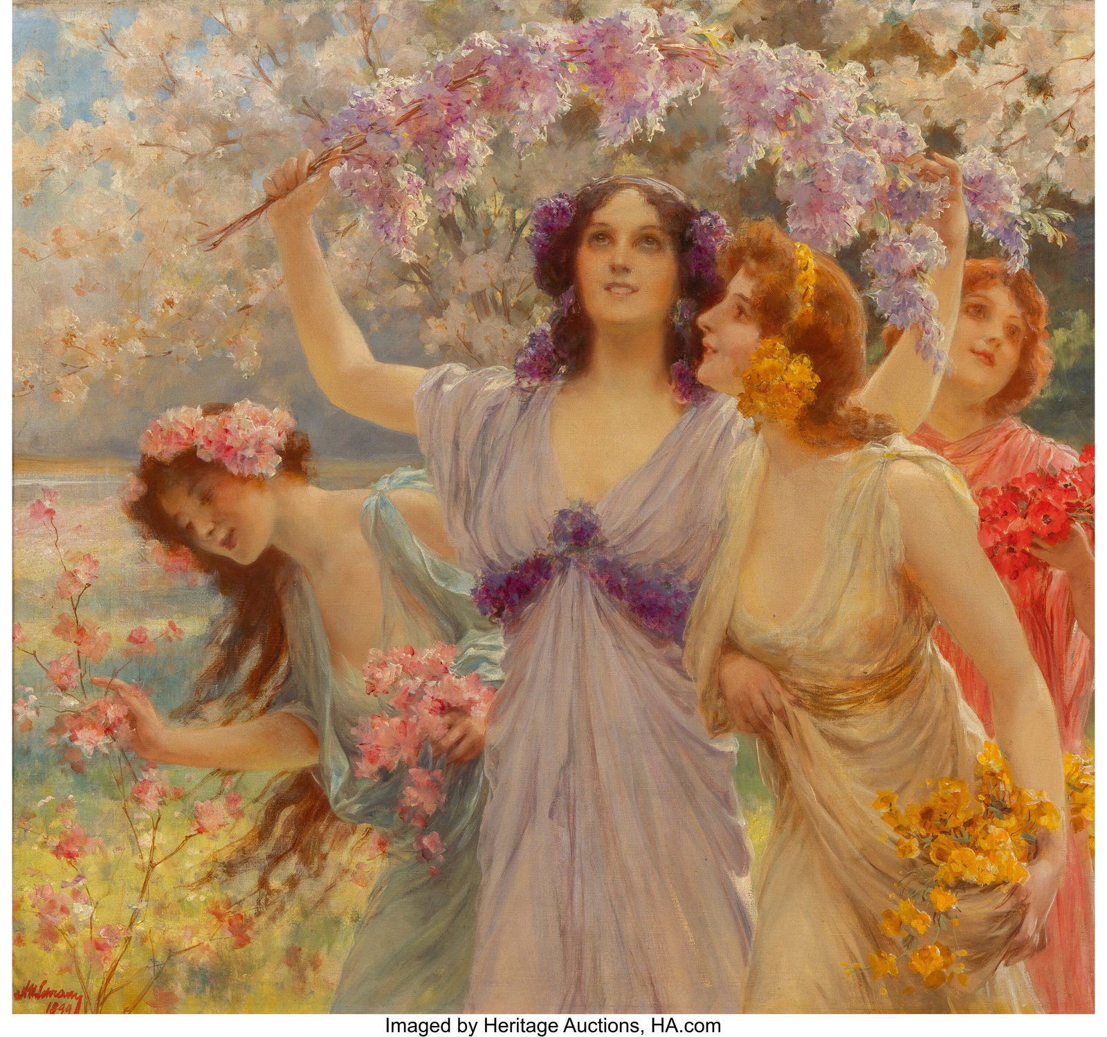 Alois Hans Schram (German, 1864-1919) Spring bea: Alois Hans Schram (German, 1864-1919) Spring beauties, 1899 Oil on canvas 22-3/8 x 24-1/2 inches (56.8 x 62.2 cm) Signed and dated lower left&colo