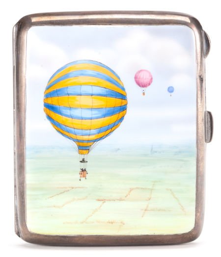 English Silver Gilt and Enamel Cigarette Case wi: English Silver Gilt and Enamel Cigarette Case with Ballooning Scene. By William Hair Hase