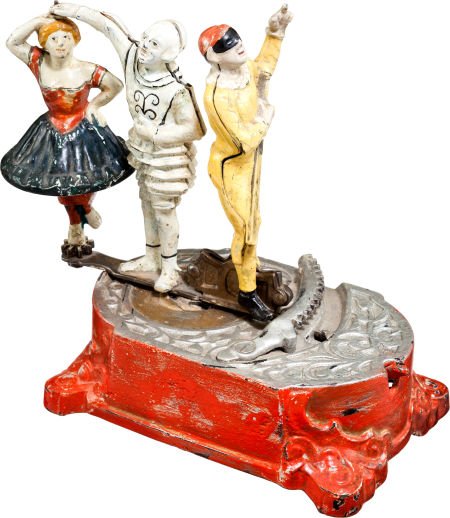 Clown, Harlequin and Columbine Mechanical Bank.: Clown, Harlequin and Columbine Mechanical Bank. Made by J. & E. Stevens Co., Cromwell, CT