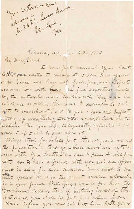 [Frank James]. John Newman Edwards Autograph Let: [Frank James]. John Newman Edwards Autograph Letter Signed "J. N. Edwards." Tw