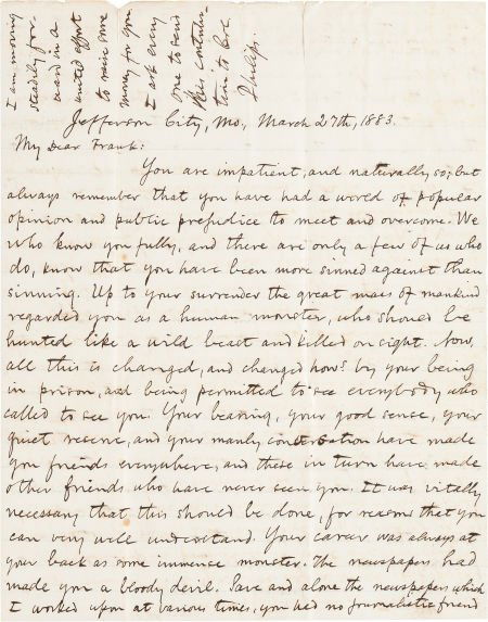 [Frank James]. John Newman Edwards Autograph Let: [Frank James]. John Newman Edwards Autograph Letter Signed "J. N. Edwards." Tw