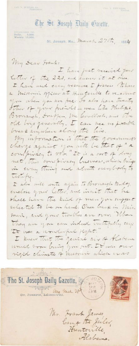 [Frank James]. John Newman Edwards Autograph Let: [Frank James]. John Newman Edwards Autograph Letter Signed "J. N. Edwards." Tw