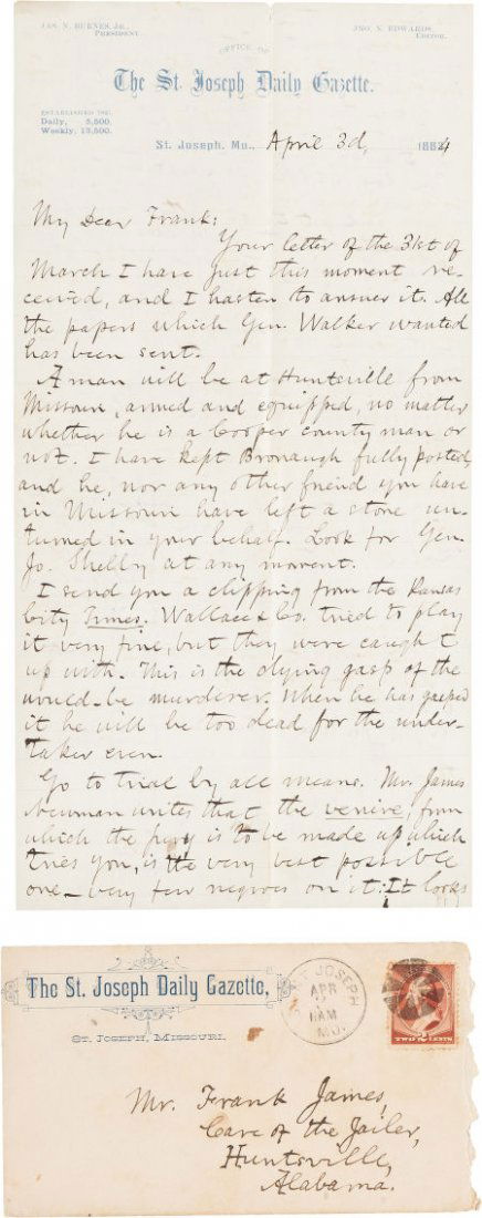 [Frank James]. John Newman Edwards Autograph Let: [Frank James]. John Newman Edwards Autograph Letter Signed "J. N. Edwards." Tw