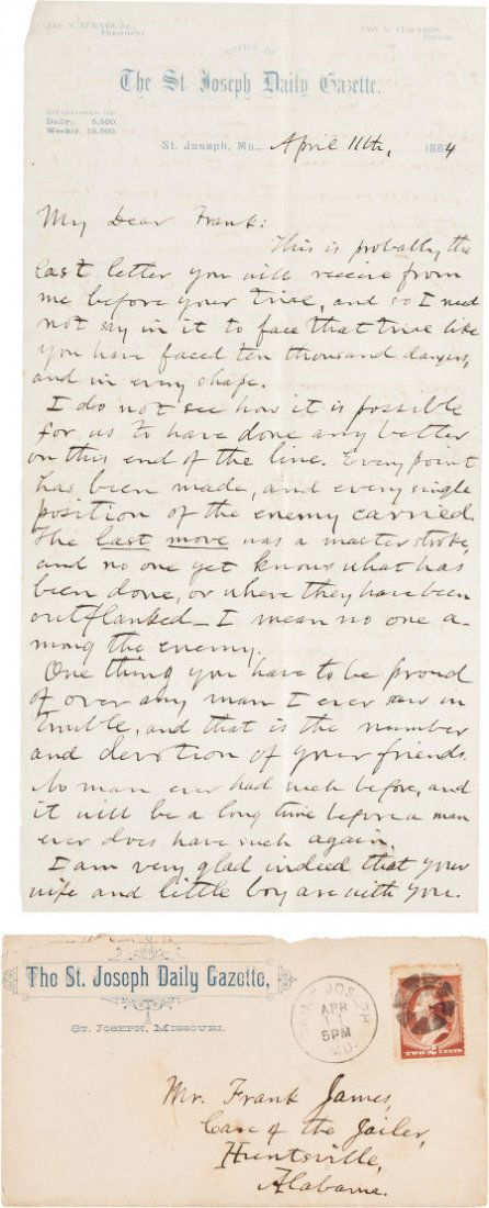 [Frank James]. John Newman Edwards Autograph Let: [Frank James]. John Newman Edwards Autograph Letter Signed "J. N. Edwards." Tw