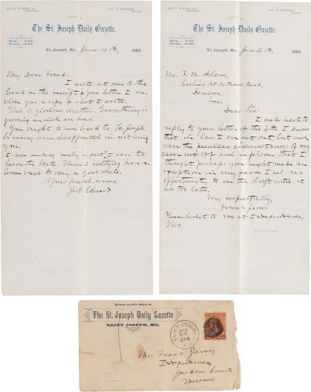 [Frank James]. Lot of Two John Newman Edwards Au: [Frank James]. Lot of Two John Newman Edwards Autograph Letters Signed with a Frank James Autograph No
