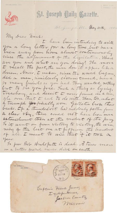 [Frank James]. John Newman Edwards Autograph Let: [Frank James]. John Newman Edwards Autograph Letter Signed with Additional Letter from Jacob Litt.