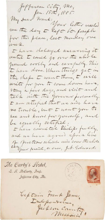 [Frank James]. John Newman Edwards Autograph Let: [Frank James]. John Newman Edwards Autograph Letter Signed "J. N. Edwards." On