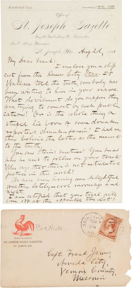 [Frank James]. John Newman Edwards Autograph Let: [Frank James]. John Newman Edwards Autograph Letter Signed "J. N. Edwards." Tw