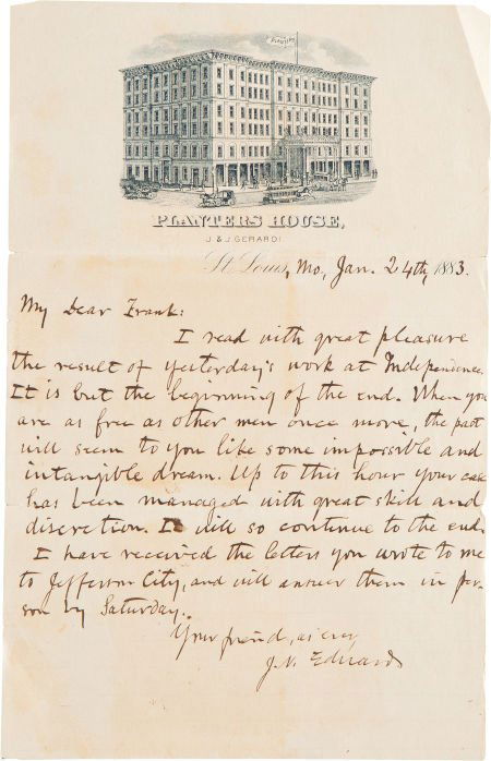 [Frank James]. John Newman Edwards Autograph Let: [Frank James]. John Newman Edwards Autograph Letter Signed "J. N. Edwards." On