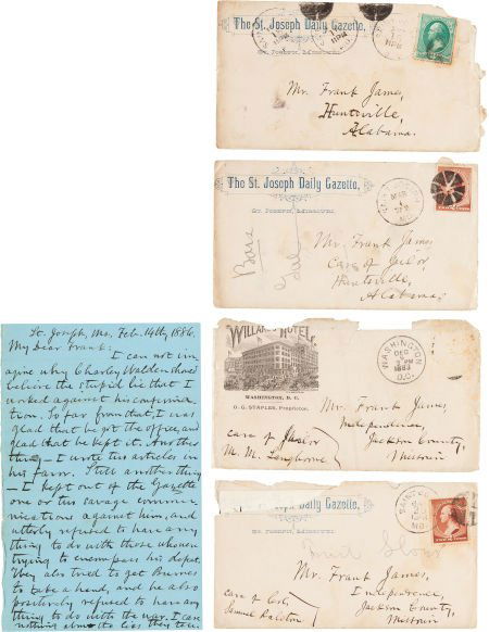 [Frank James]. John Newman Edwards Group of Five: [Frank James]. John Newman Edwards Group of Five Letters to Frank James including: ALS