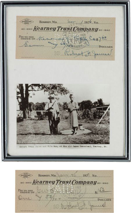 Robert Frank James: Two Personal Checks Signed b: Robert Frank James: Two Personal Checks Signed by the Only Son of Frank James. One framed