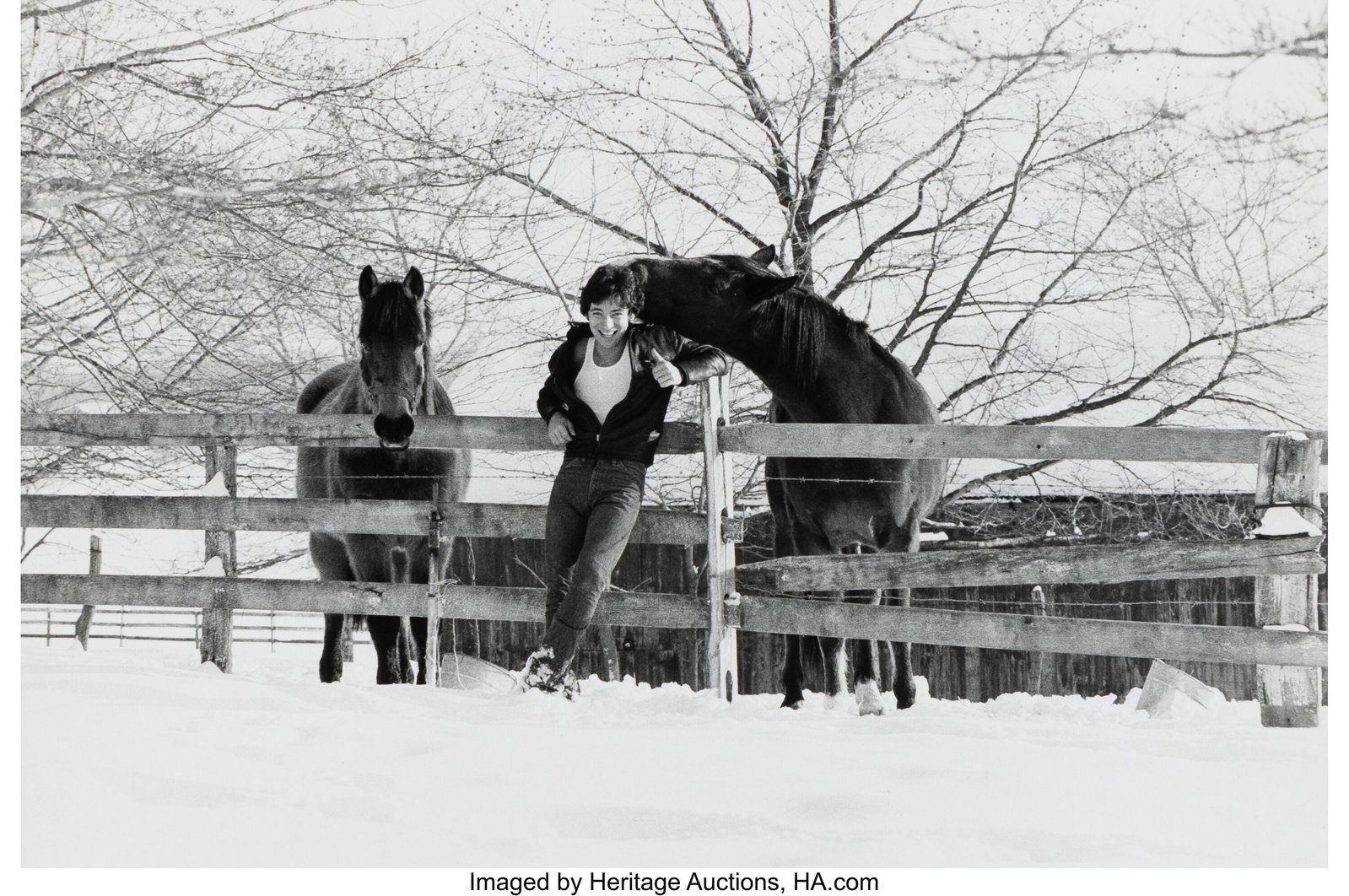 David Gahr (American, 1922-2008) Bruce Springste: David Gahr (American, 1922-2008) Bruce Springsteen with Two Horses, Holmdel, New Jersey, 1977 Gelatin silver print 6 x 8-7/8 inches (15.2 x 22.