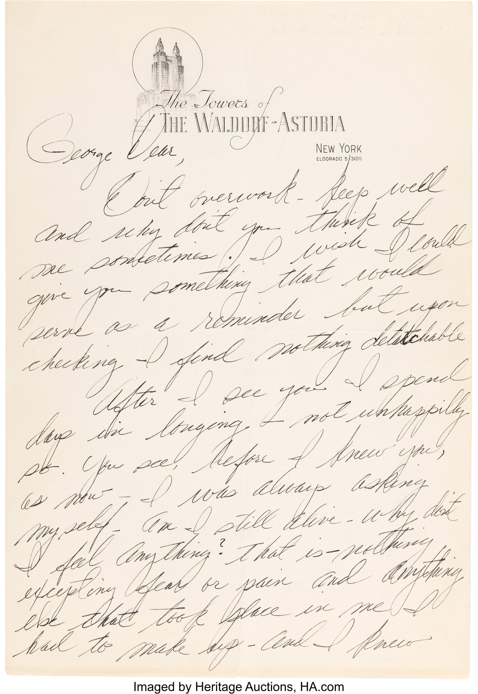 Marilyn Monroe Partial Early Handwritten Love Le: Marilyn Monroe Partial Early Handwritten Love Letter to Arthur Miller Using His Codename, "George". New York, [New York], undated ca. 1955. Vintage