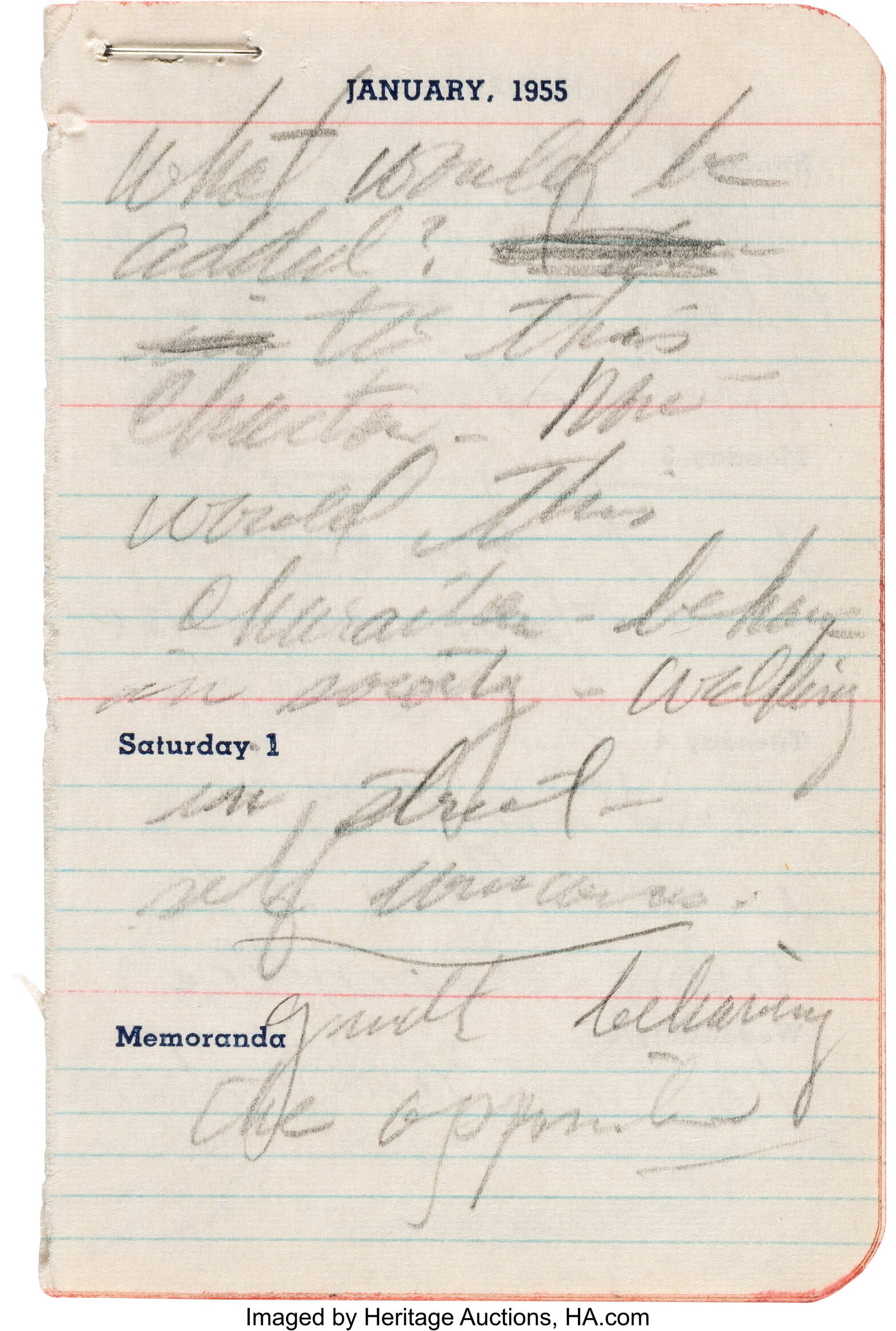 Marilyn Monroe Datebook Containing (16) Pages of: Marilyn Monroe Datebook Containing (16) Pages of Handwritten Notes on Acting. [Undated, ca. January-February 1955]. Vintage original datebook composed 