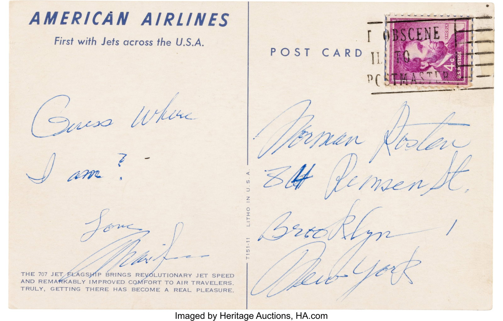 Marilyn Monroe Handwritten Signed Postcard to No (1 of 2)
