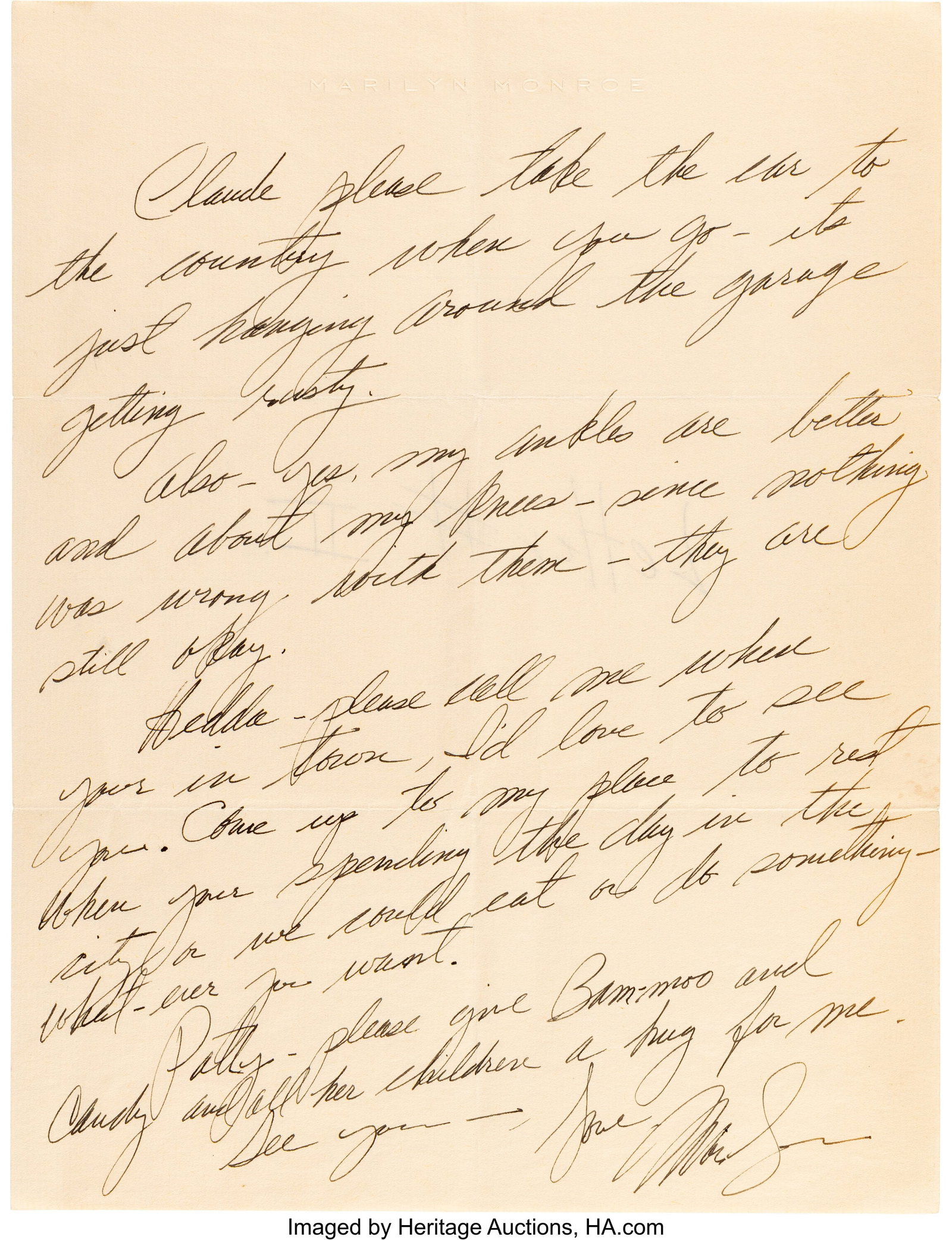 Marilyn Monroe Handwritten Letter Signed to the : Marilyn Monroe Handwritten Letter Signed to the Rosten Family on Monroe's Blind Stamp Letterhead Stationery. [Undated, ca. 1955-1961]. Vintage original one-page 