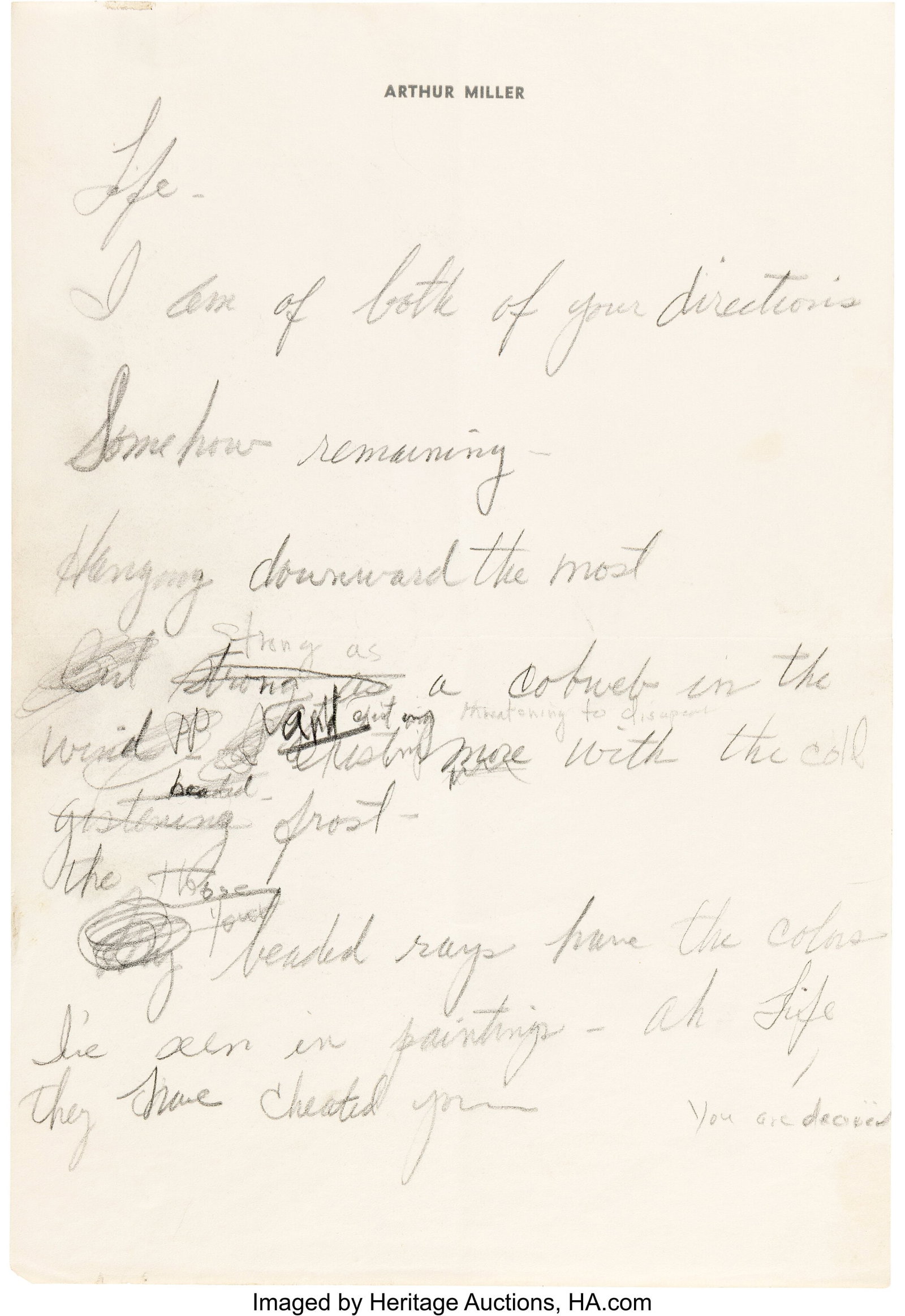 Marilyn Monroe Pair of Handwritten Poems on Arth: Marilyn Monroe Pair of Handwritten Poems on Arthur Miller Letterhead. [Undated, ca. 1955-1961]. Vintage original pair of contemplative handwritten poems written 