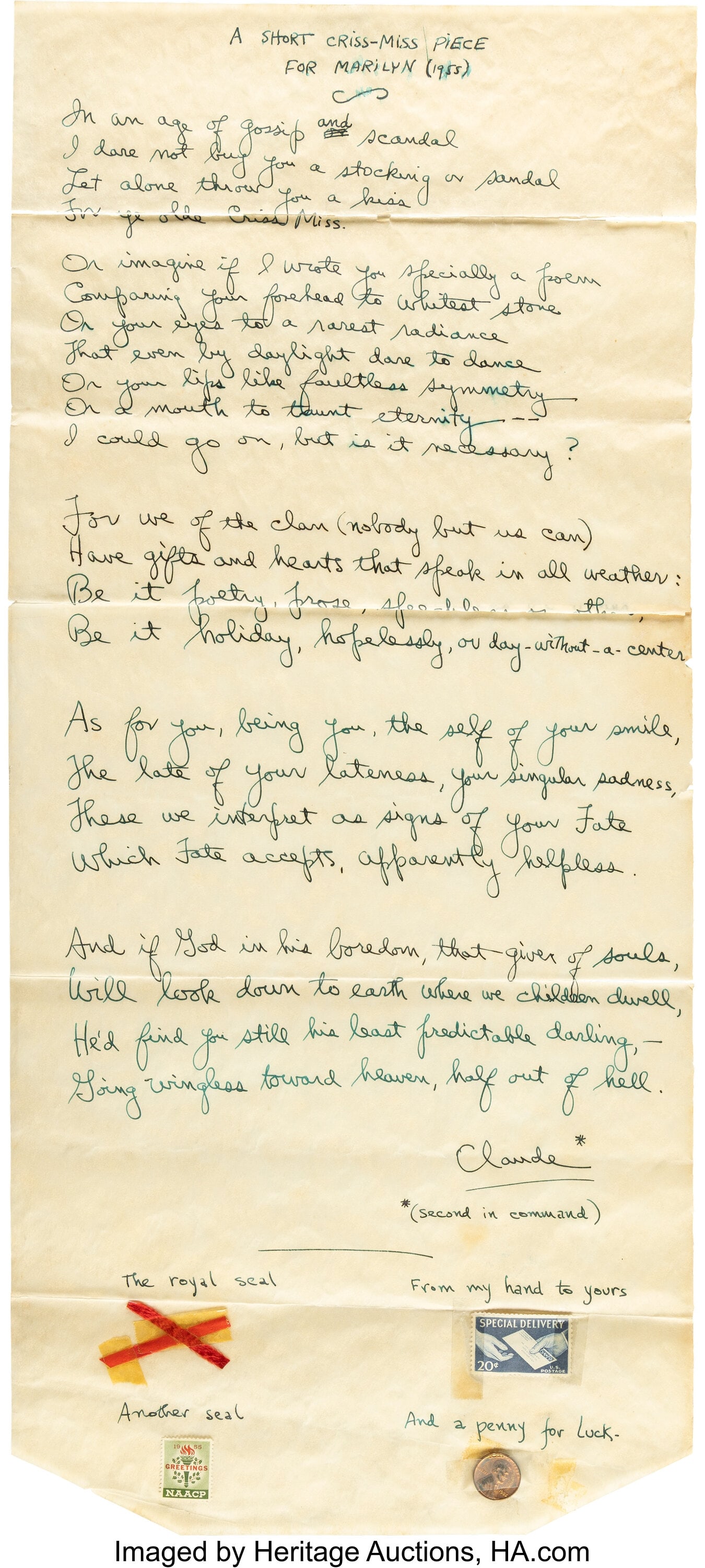 Norman Rosten Handwritten Christmas Poem for Mar: Norman Rosten Handwritten Christmas Poem for Marilyn Monroe. [December, 1955]. Vintage original one-page Christmas poem by Norman Rosten for Marilyn Monroe, handw