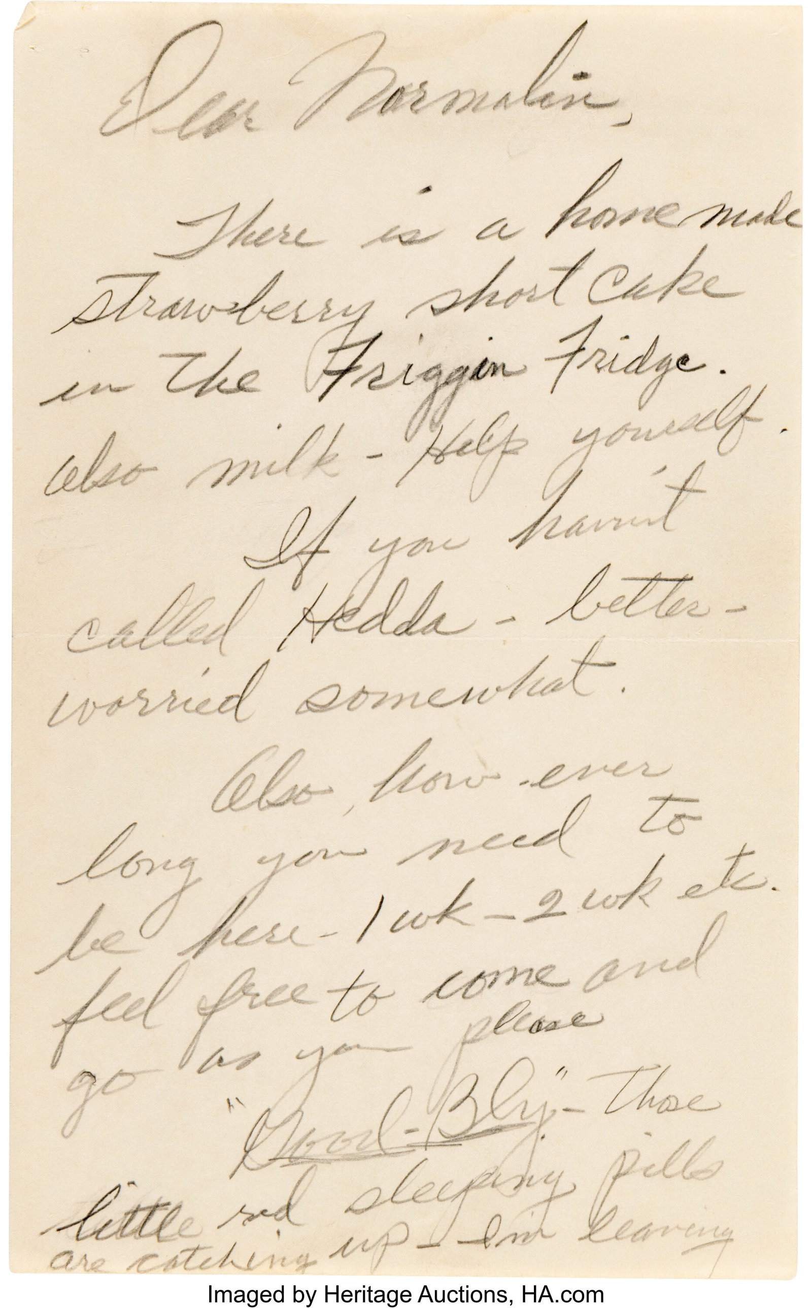 Marilyn Monroe Handwritten Note Signed to Norman: Marilyn Monroe Handwritten Note Signed to Norman Rosten "Normalin" from "Marilyn the Barbarian". New York, [New York], undated ca. 1955-1961. Vintage origi