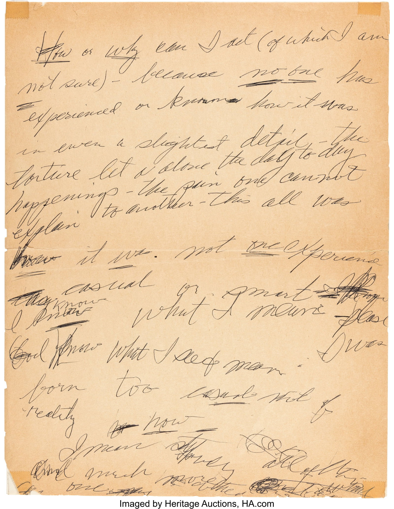 Marilyn Monroe Exceptional Partial Handwritten L: Marilyn Monroe Exceptional Partial Handwritten Letter Regarding Her Past Trauma. [Undated, ca. 1955-1962]. Vintage original intimate and personal one-page partia