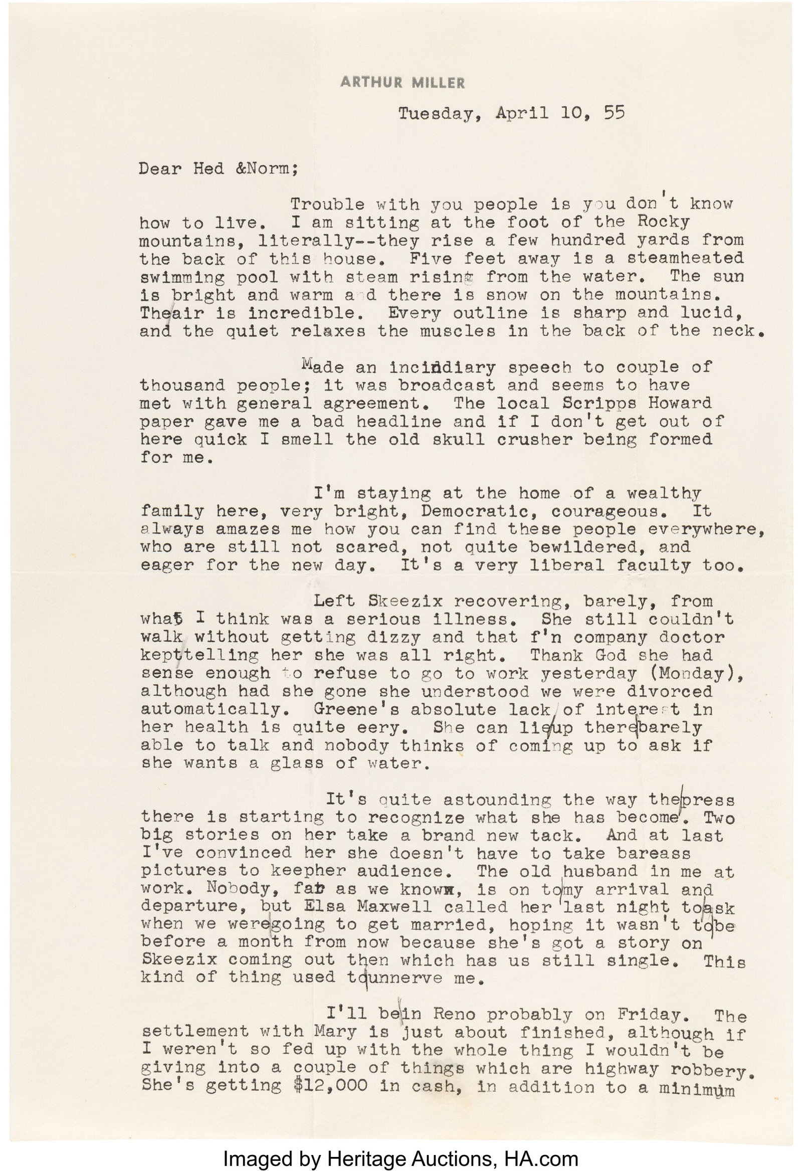 Arthur Miller Typed Letter Regarding Updates on  (1 of 6)
