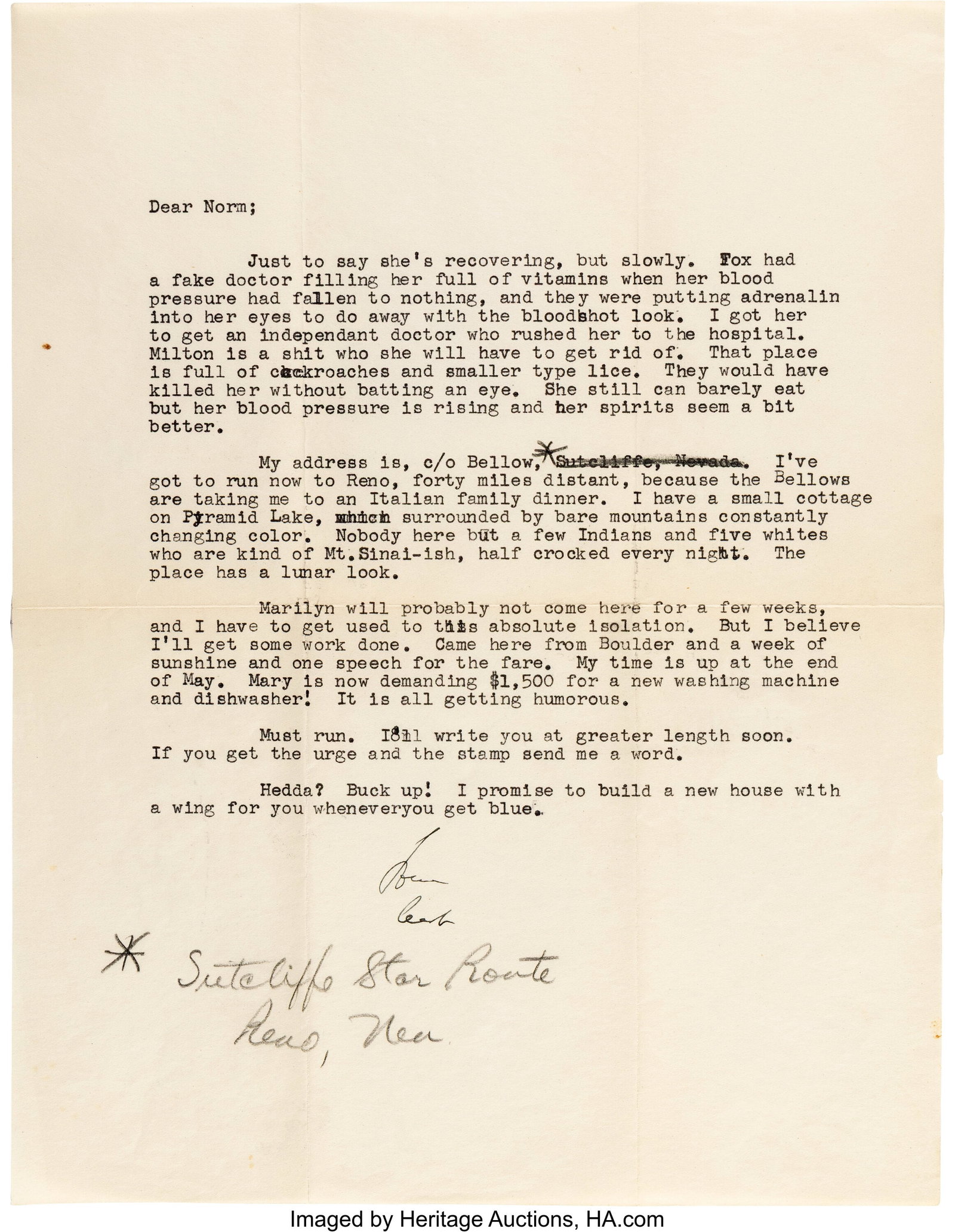 Arthur Miller Typed Letter Signed to Norman Rost: Arthur Miller Typed Letter Signed to Norman Rosten Regarding Updates on Marilyn's Health and his Utter Disdain and Distrust of Hollywood for How She is Treated. Reno, [Nevada]
