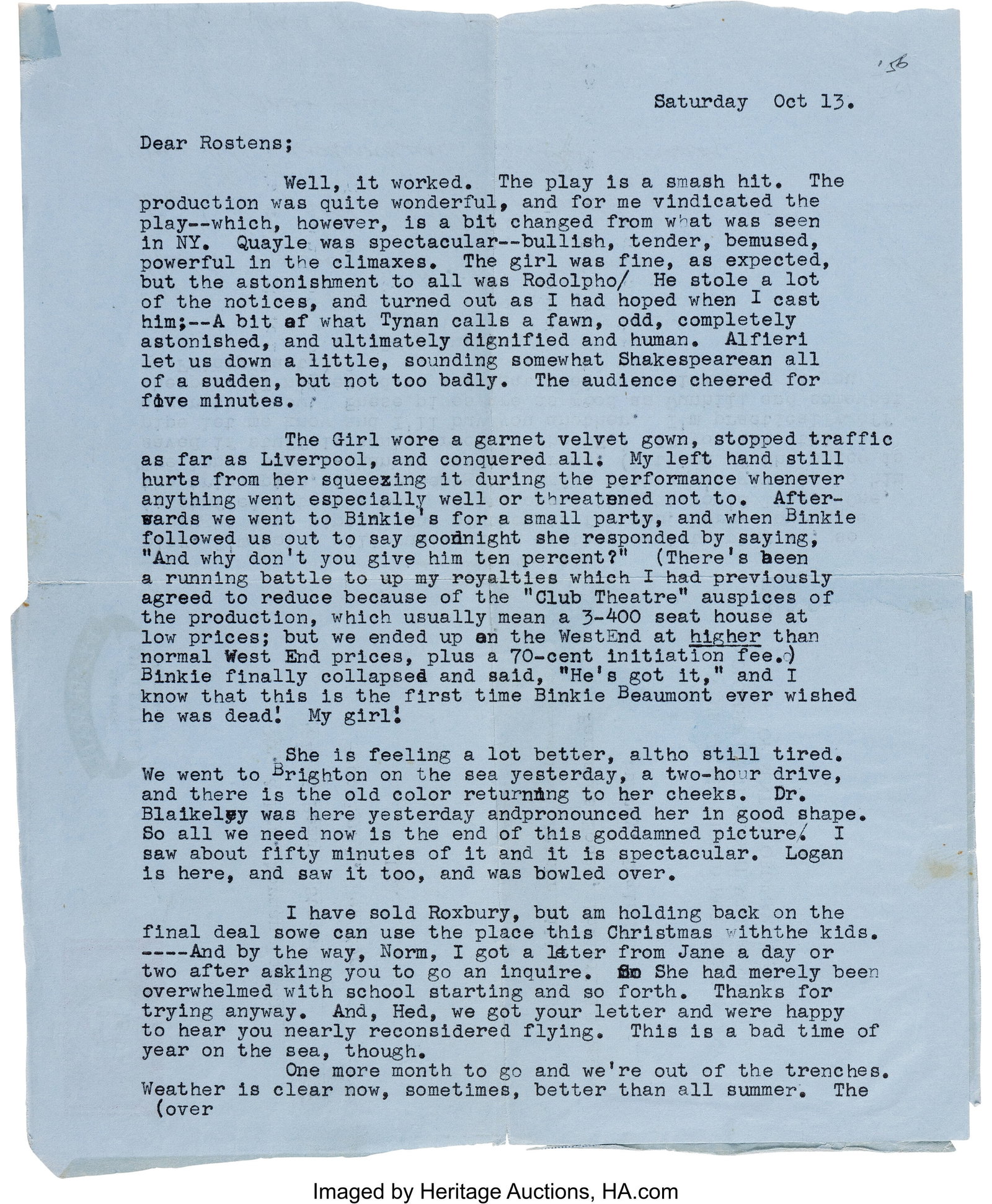 Marilyn Monroe and Arthur Miller Typed and Parti: Marilyn Monroe and Arthur Miller Typed and Partially Handwritten Letter Signed by Both to Norman and Hedda Rosten. Surrey, [England], October 13, 1956. Vint