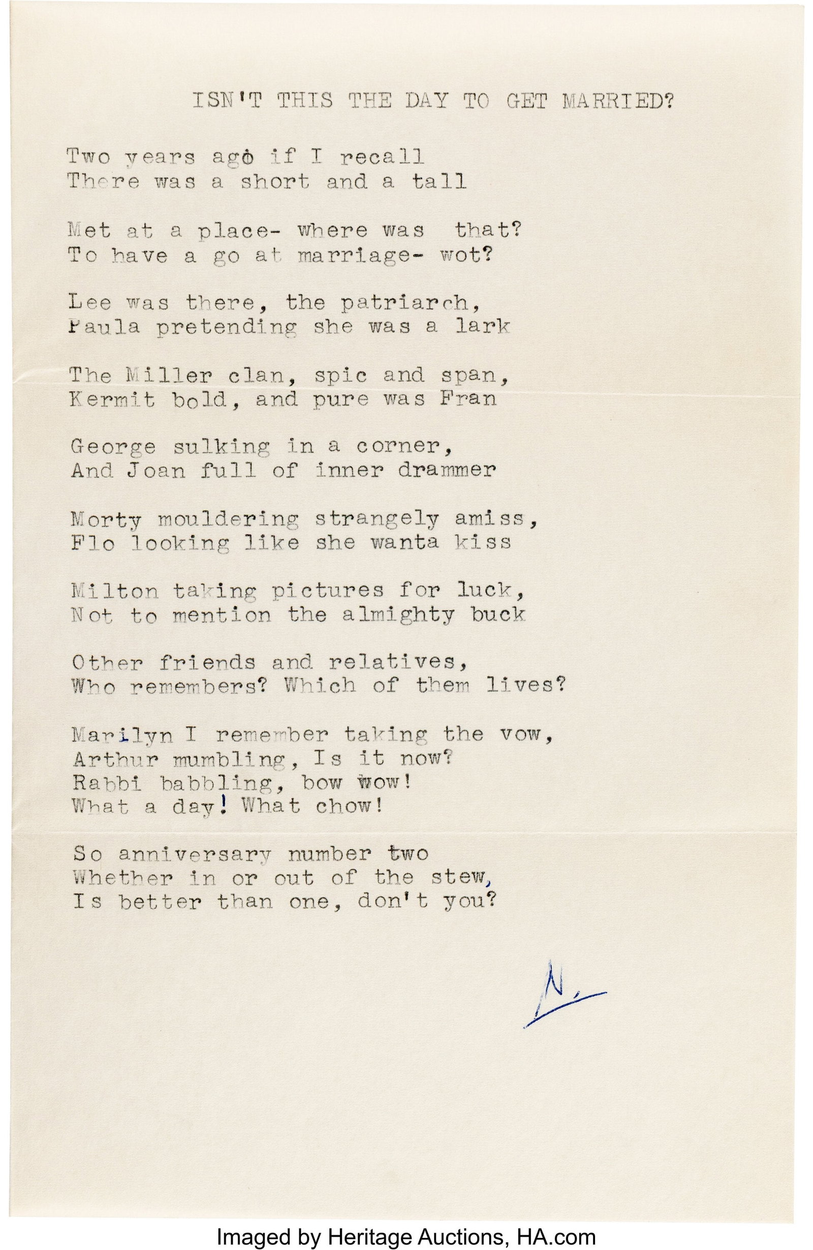 Norman Rosten Typed Poem for Marilyn Monroe and : Norman Rosten Typed Poem for Marilyn Monroe and Arthur Miller for Their Second Anniversary. Brooklyn, [New York], undated ca. June 1958. Vintage original