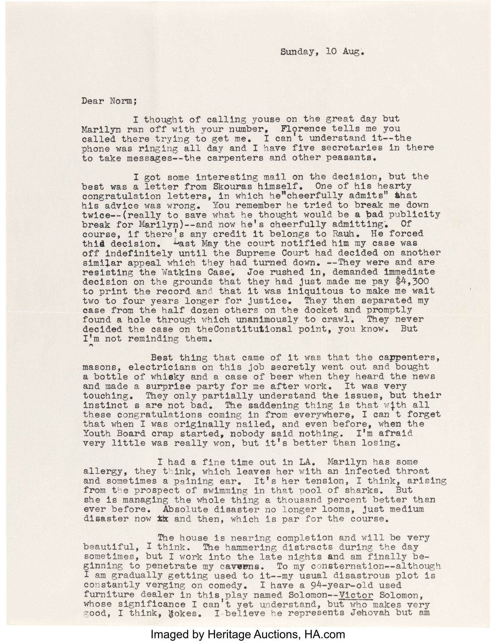 Arthur Miller Typed Letter Signed Addressed to N (1 of 4)
