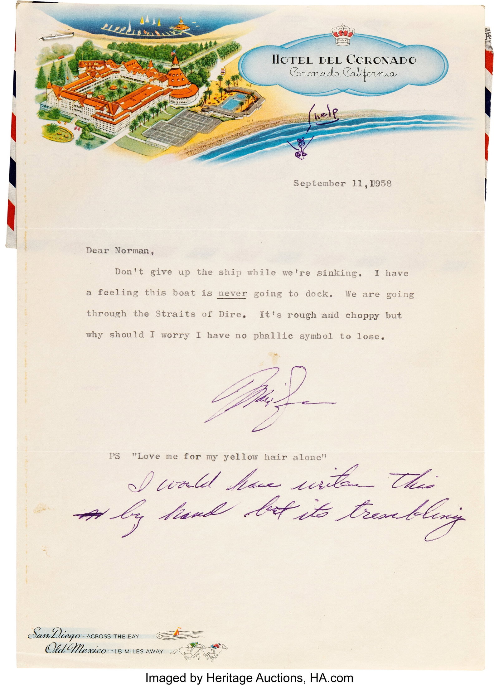 Marilyn Monroe Typed Letter Signed with Handwrit: Marilyn Monroe Typed Letter Signed with Handwritten Postscript and Drawing on Hotel del Coronado Stationery. Coronado, [California], September 11, 1958.