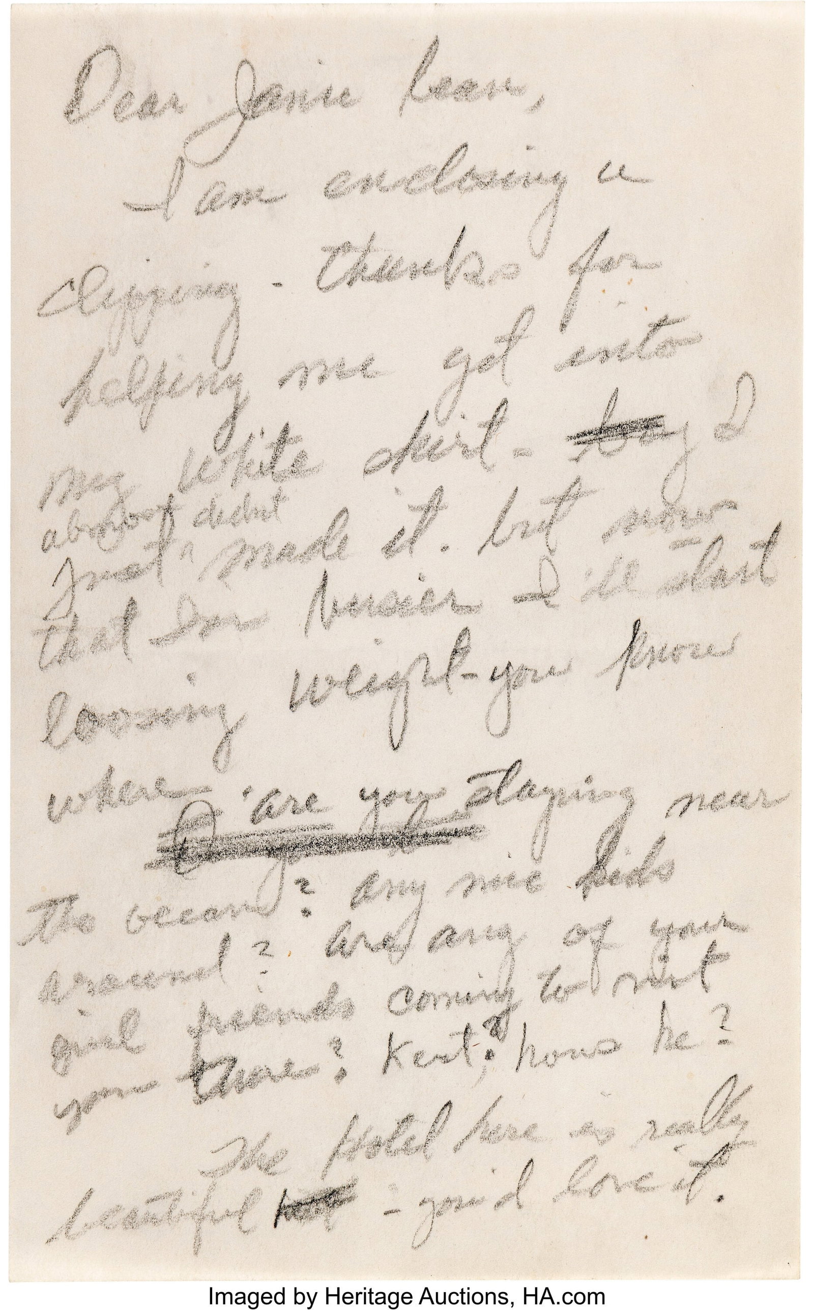 Marilyn Monroe Handwritten Draft Letter Signed t: Marilyn Monroe Handwritten Draft Letter Signed to Arthur Miller's Daughter, Jane Ellen Miller, a.k.a. "Janie Bean". Coronado, [California]&com