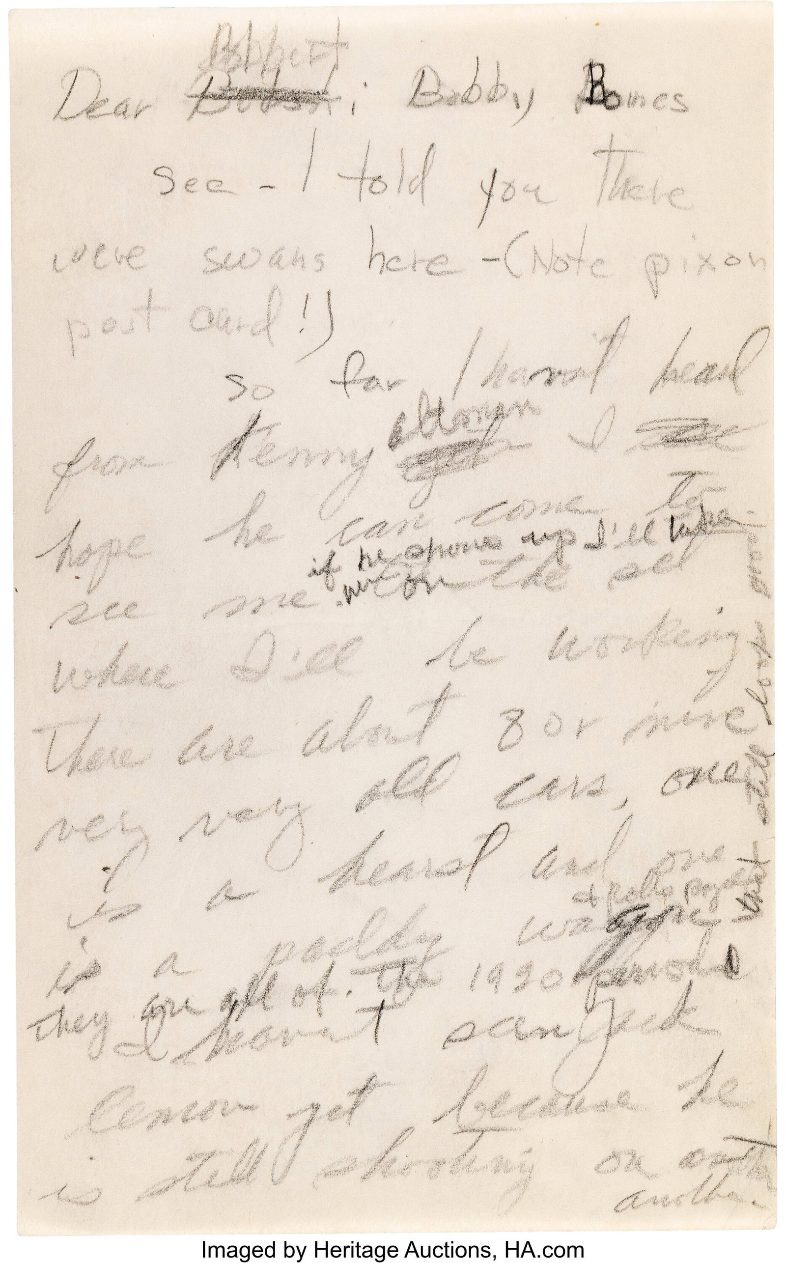 Marilyn Monroe Handwritten Draft Letter to Arthu: Marilyn Monroe Handwritten Draft Letter to Arthur Miller's Son Robert Miller a.k.a. "Bobby Bones". Coronado, [California], undated, likely Sep