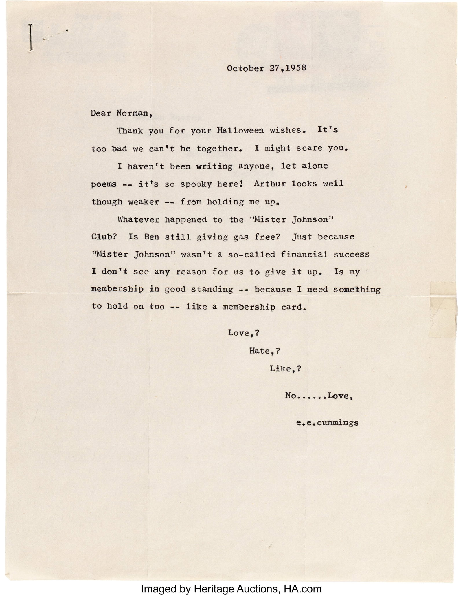 Marilyn Monroe Playful Halloween Typed Letter to (1 of 3)