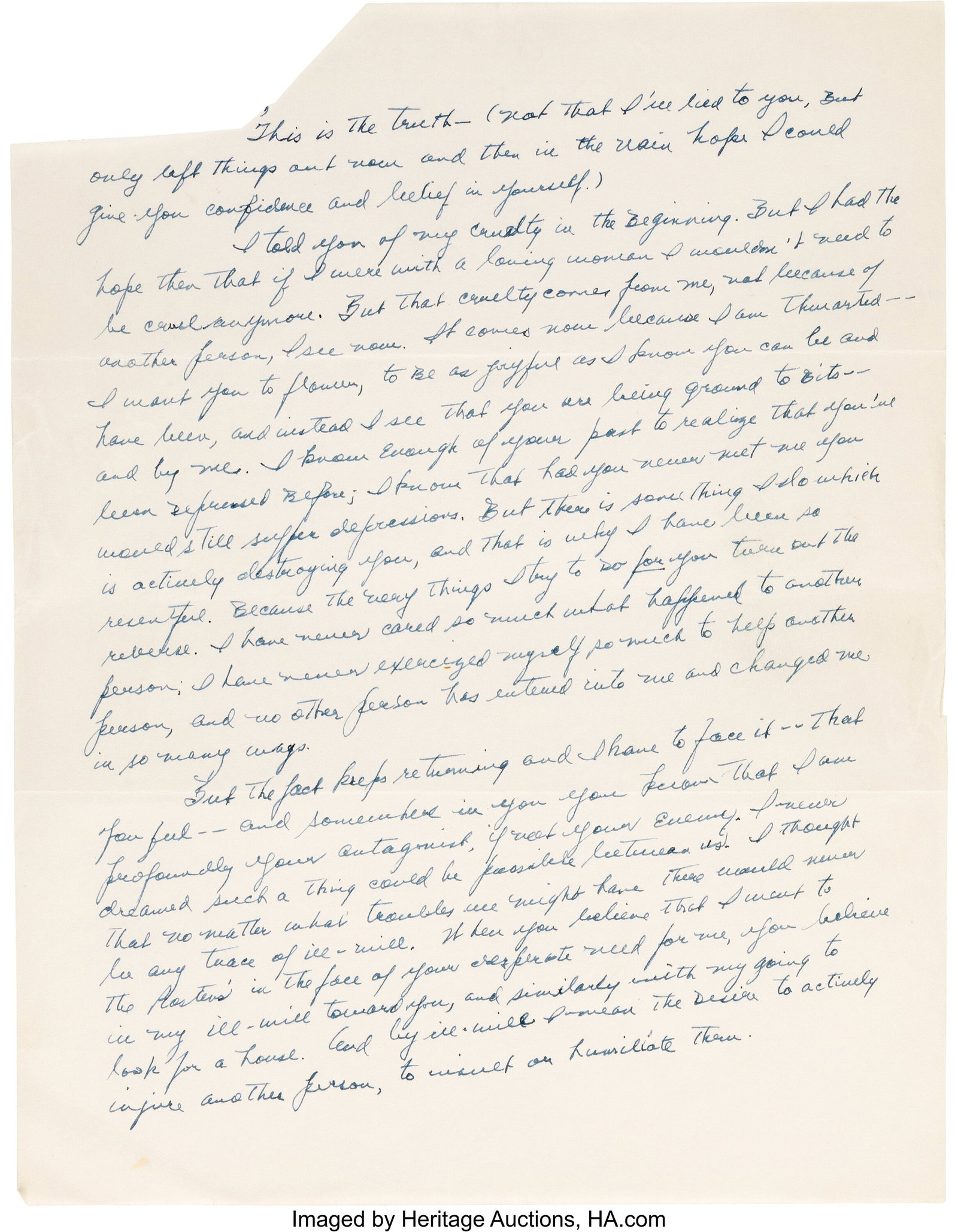 Arthur Miller Intimate and Exceedingly Rare Hand: Arthur Miller Intimate and Exceedingly Rare Handwritten Letter to Marilyn Monroe Charting the Turbulence of Their Marriage. Written circa 1960–1961, as their legendary marriage appr