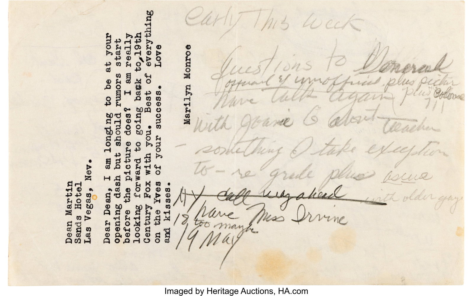 Marilyn Monroe Typed Letter to Dean Martin with : Marilyn Monroe Typed Letter to Dean Martin with Extensive Handwritten Notes Mentioning Dr. Ralph Greenson and the Iconic "Happy Birthday, Mr. President" Dress. [Undat