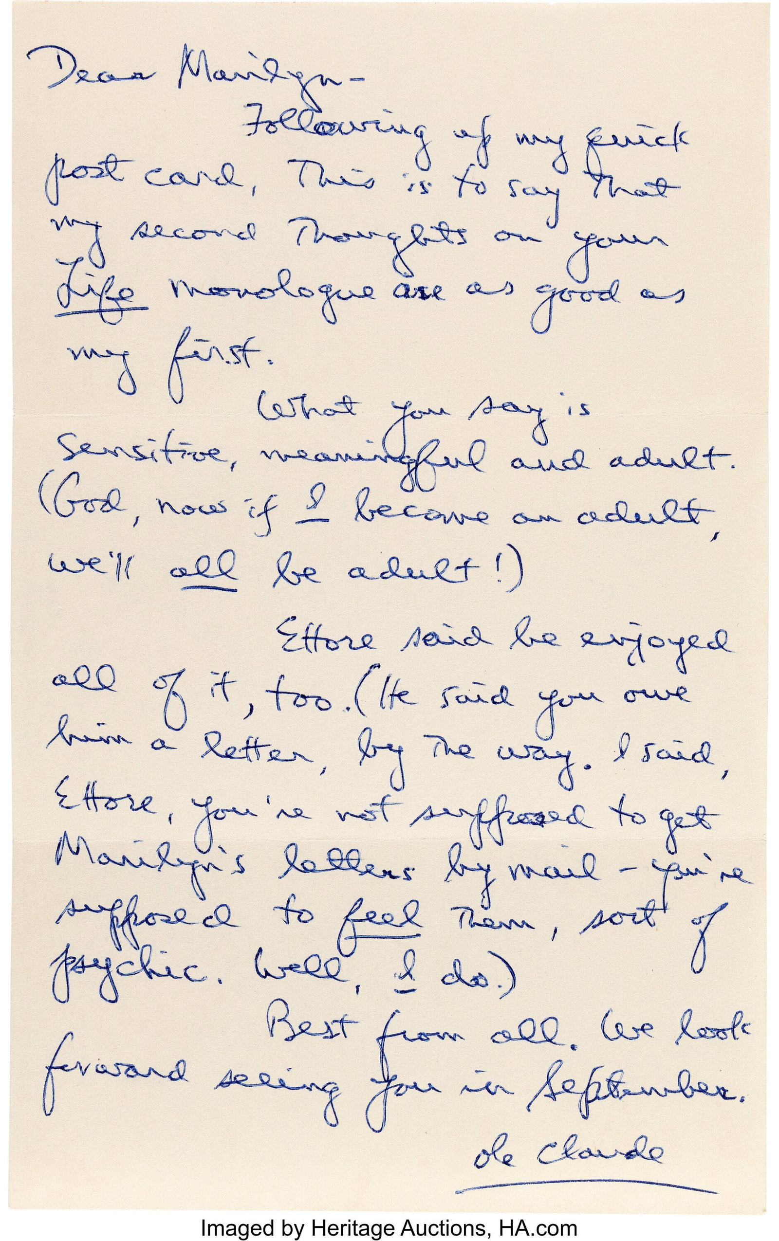 Norman Rosten Pair of Handwritten Letters Signed: Norman Rosten Pair of Handwritten Letters Signed to Marilyn Monroe, Including His Last Letter to Her, Postmarked August 4, 1962. Camden, [Maine] and Brooklyn