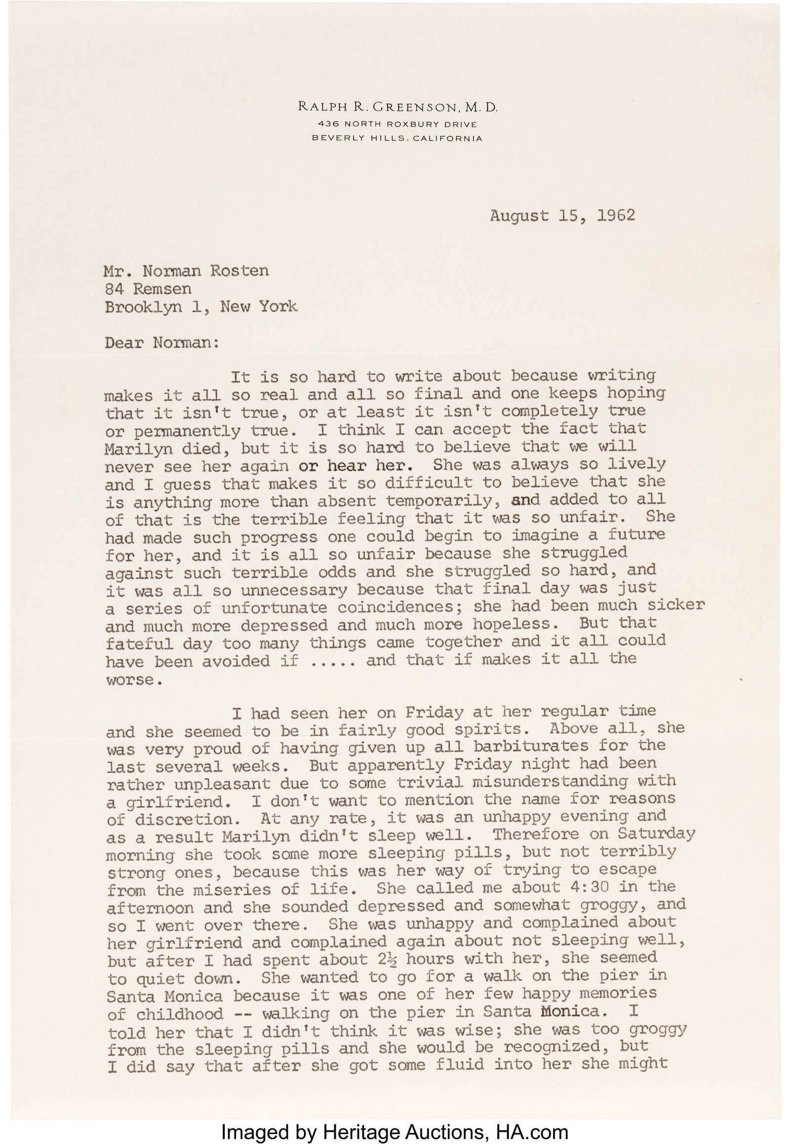 Dr. Ralph Greenson Monumental Trio of Typed Lett: Dr. Ralph Greenson Monumental Trio of Typed Letters Signed Regarding Marilyn Monroe, Including One from August 15, 1962, Recounting the Events of the Night She Died. Be