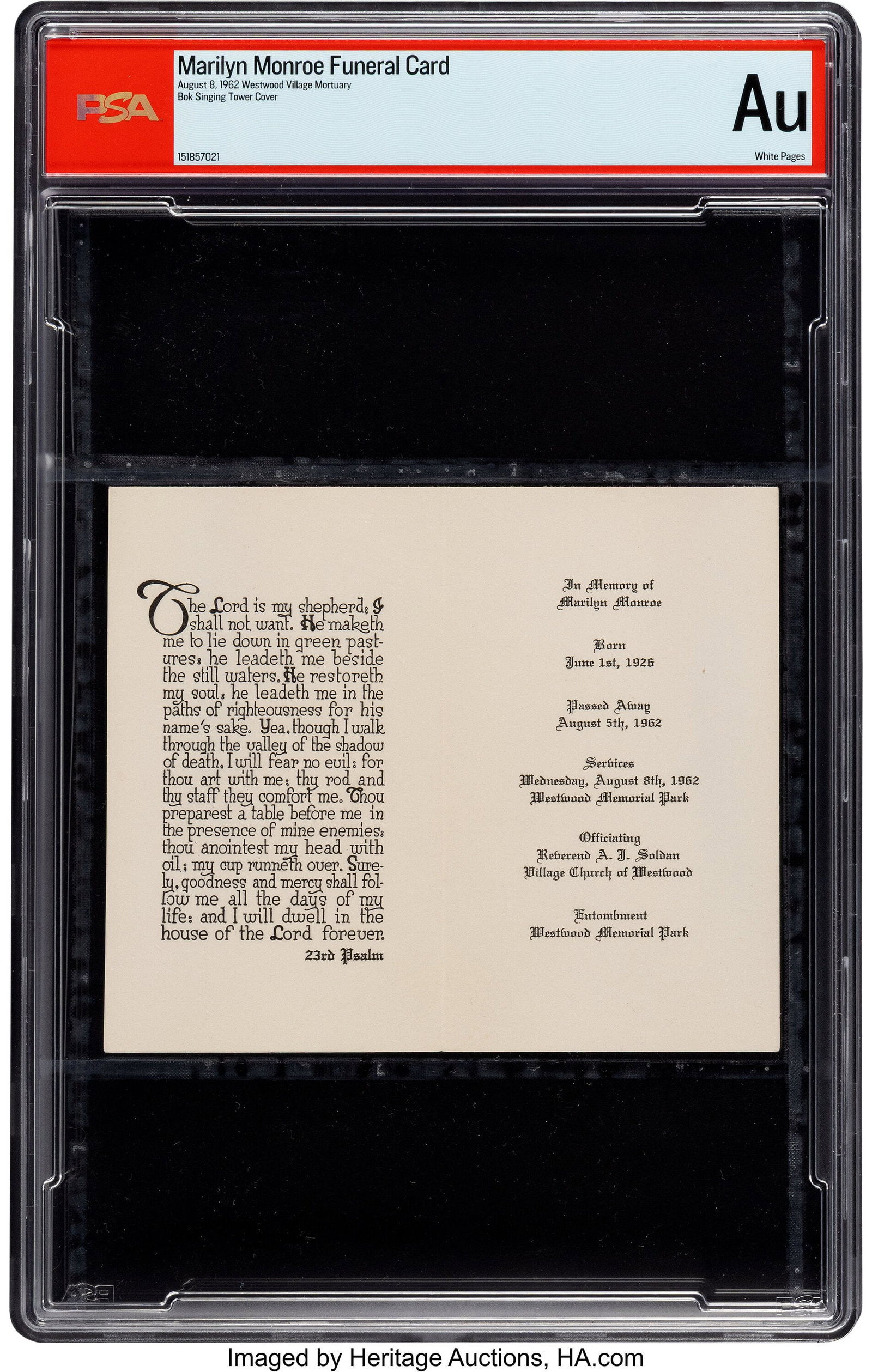 Prayer Card from Marilyn Monroe's Memorial Servi (1 of 2)