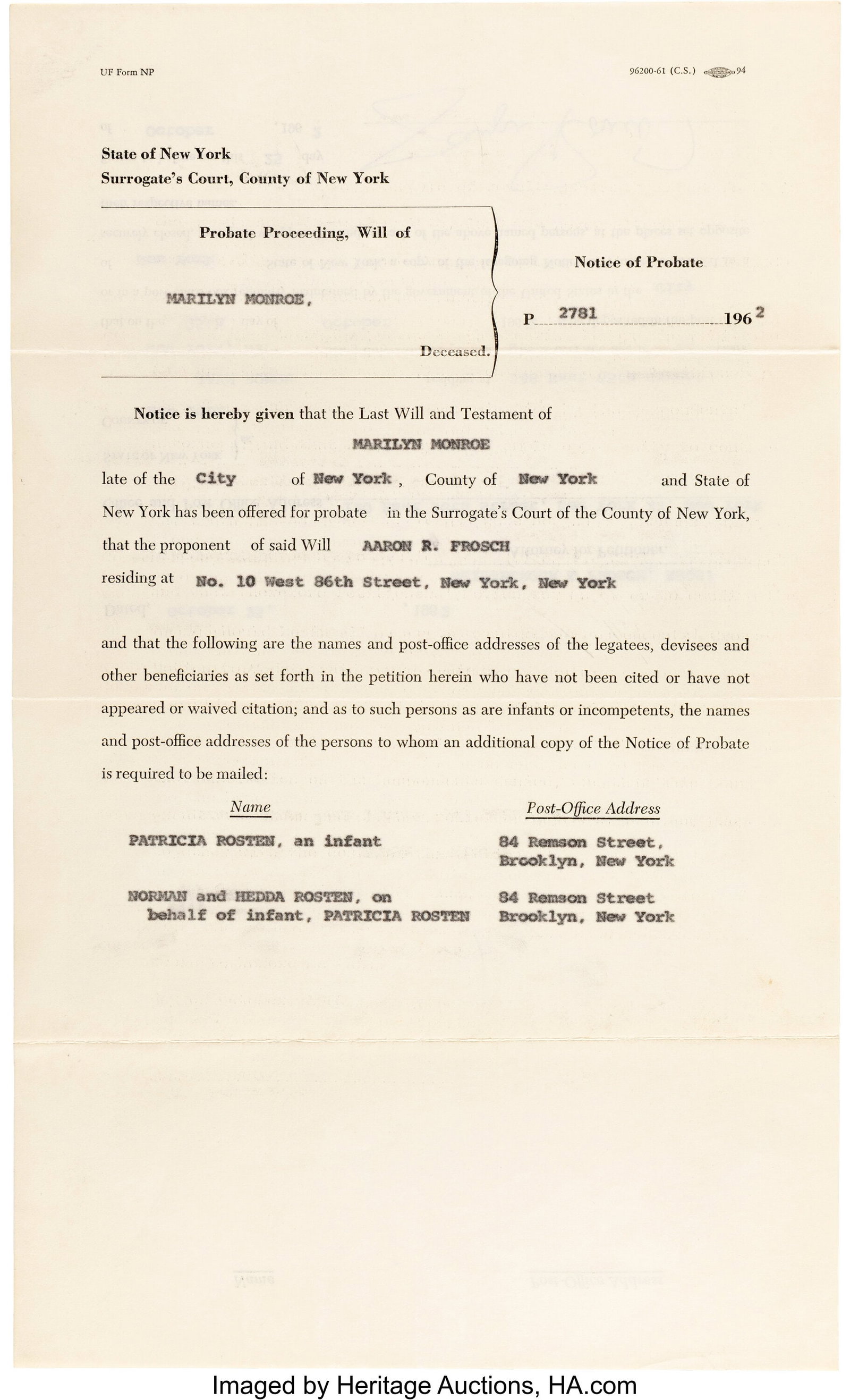 Notice of Probate to Rosten Family for Marilyn M (1 of 2)